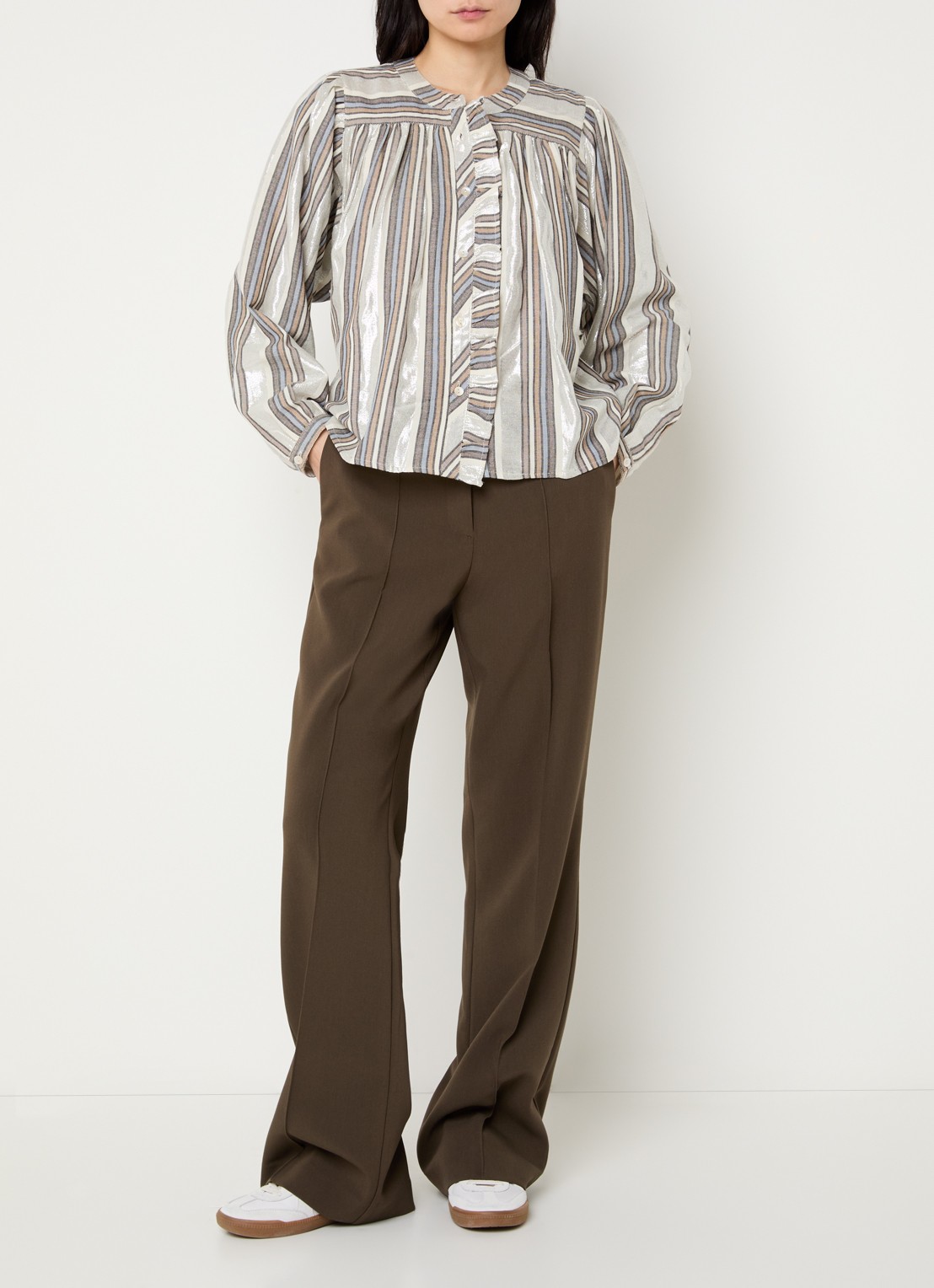 Summum Blouse met streepprint en ruches - voorkant 2 zilver