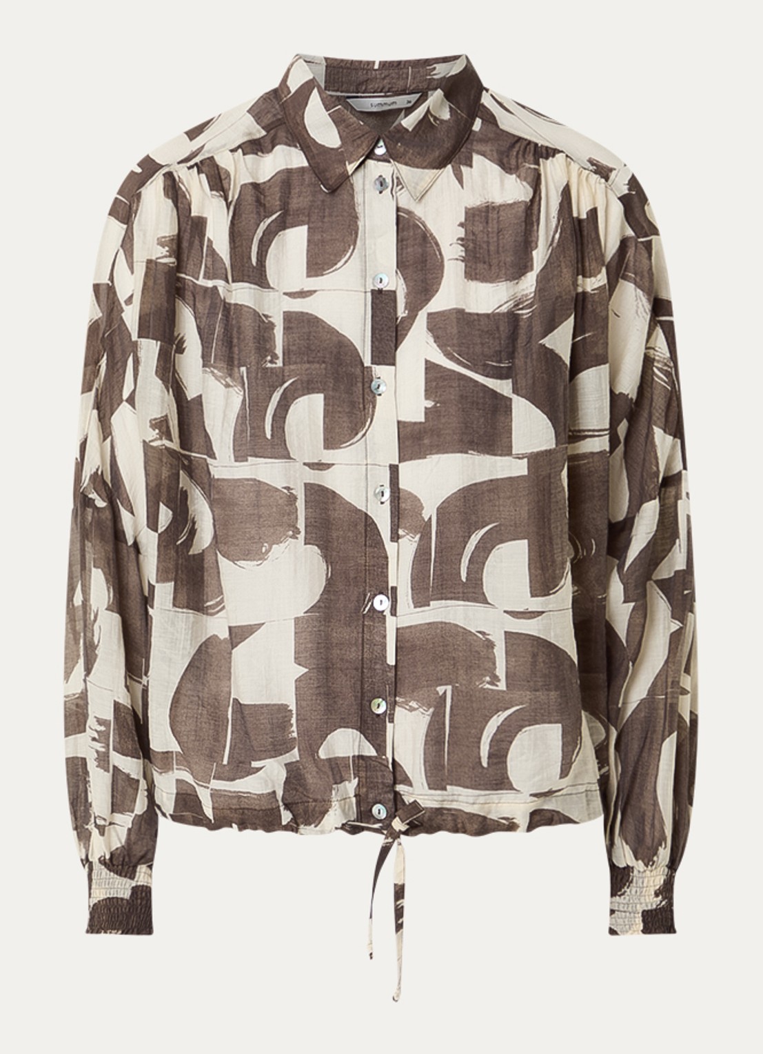 Summum Cropped blouse met grafische print en pofmouw - voorkant 2 donkerbruin