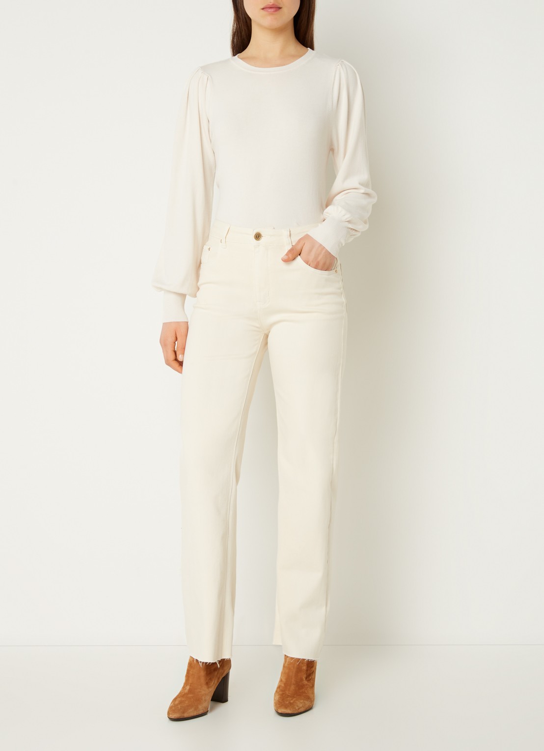 Summum Fijngebreide pullover met ballonmouw - voorkant 4 creme