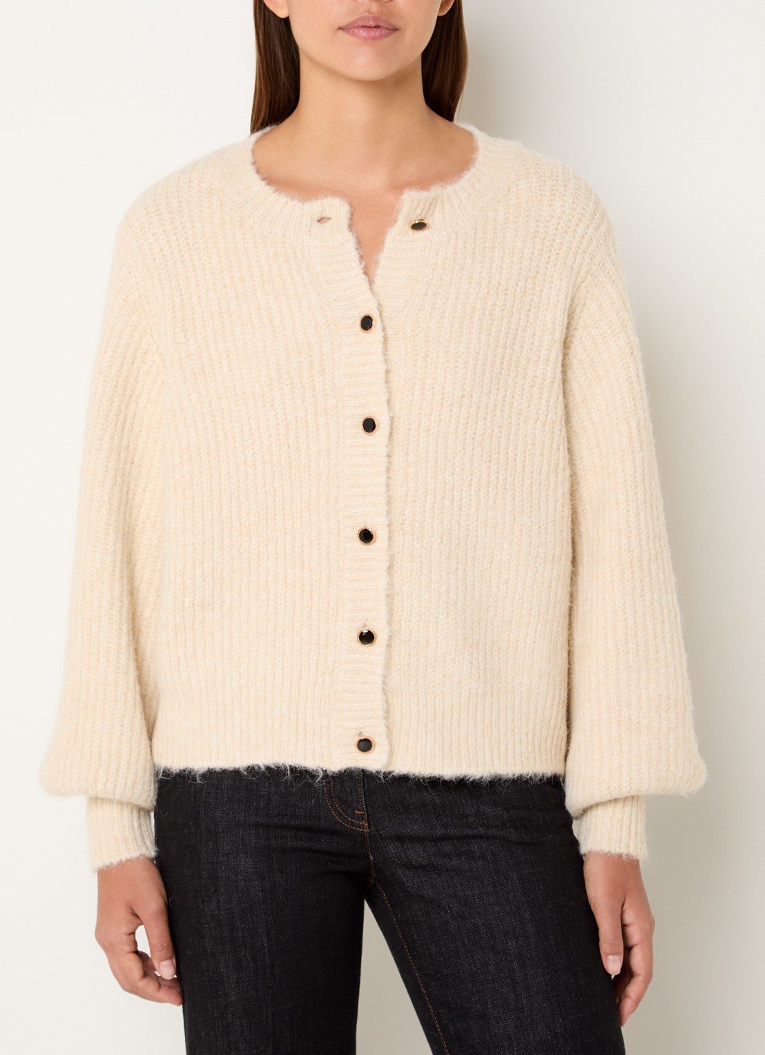 Summum Grofgebreid vest in wolblend met ballonmouw - detail 4 creme
