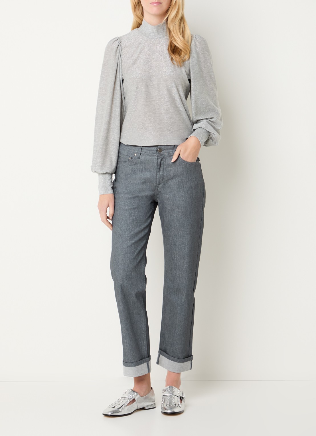 Summum High waist cropped chino met lurex - voorkant 5 grijs