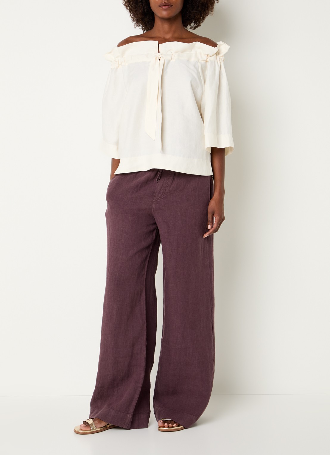 Summum High waist loose fit broek van linnen met steekzakken - voorkant 4 aubergine
