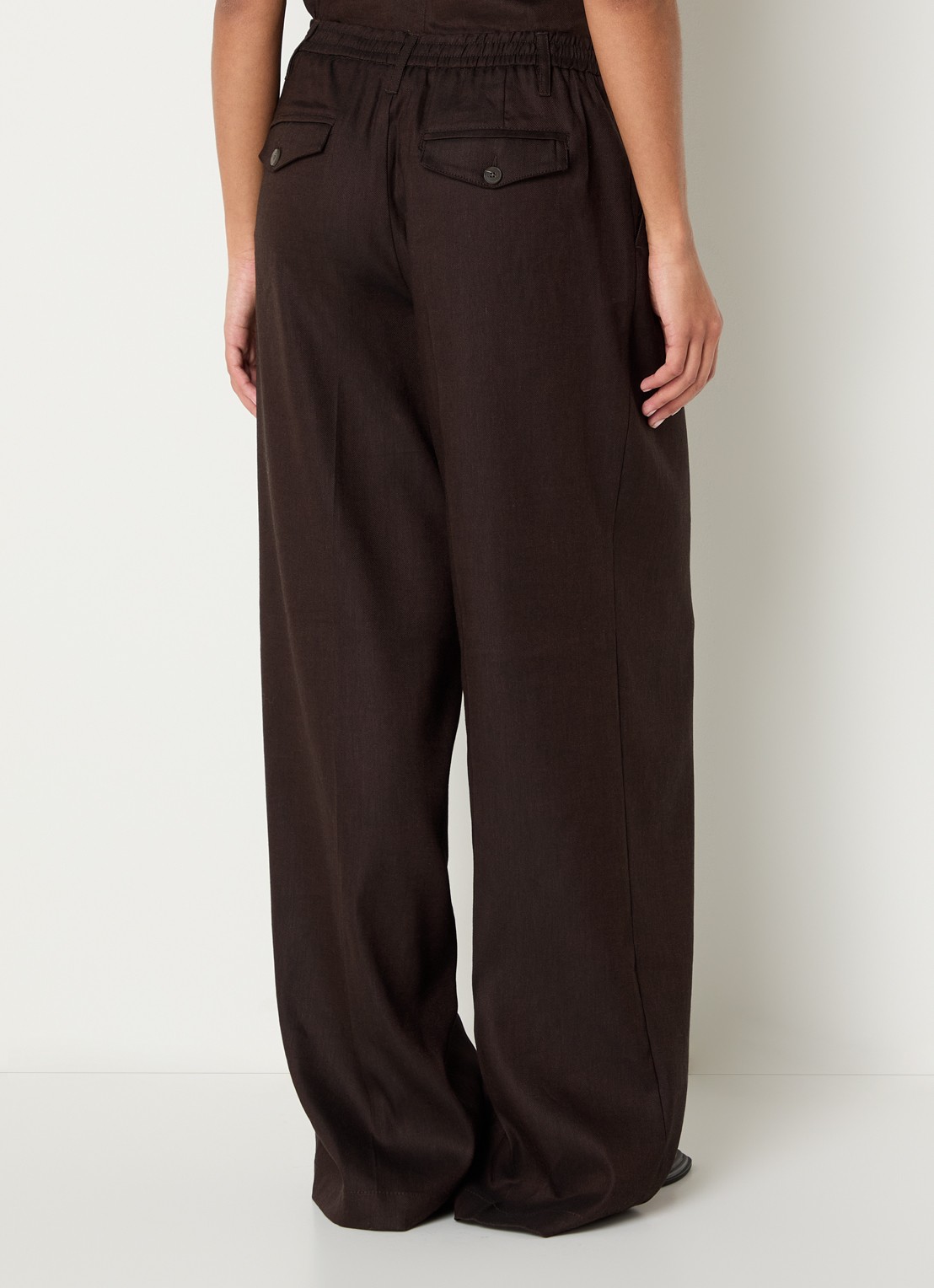 Summum High waist loose fit pantalon in linnenblend met trekkoord - achterkant donkerbruin