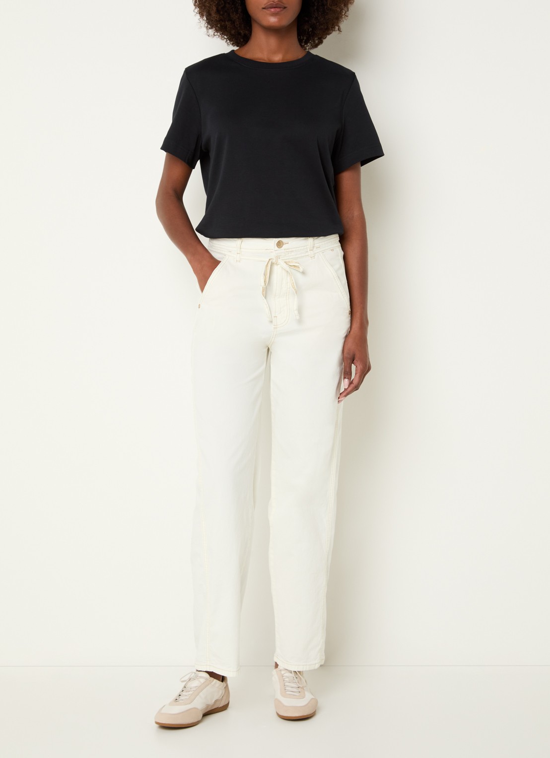 Summum High waist straight fit broek met trekkoord - voorkant 4 gebroken wit