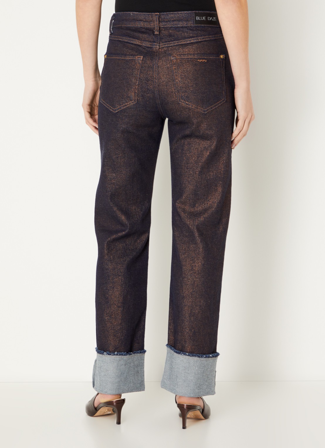 Summum High waist straight leg jeans met lurex - achterkant roodbruin