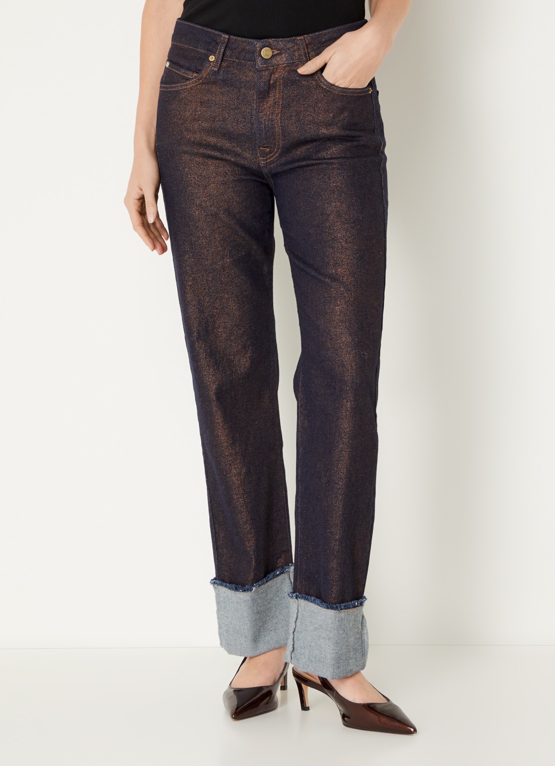 Summum High waist straight leg jeans met lurex - detail 4 roodbruin