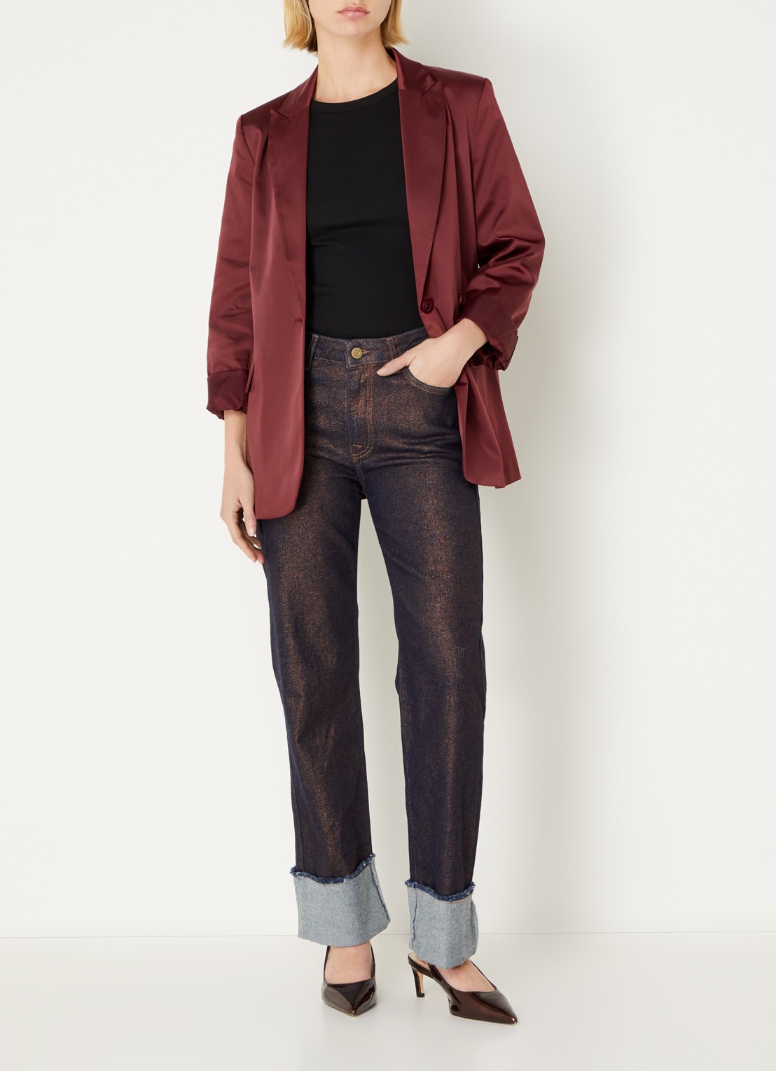 Summum High waist straight leg jeans met lurex - voorkant 3 roodbruin