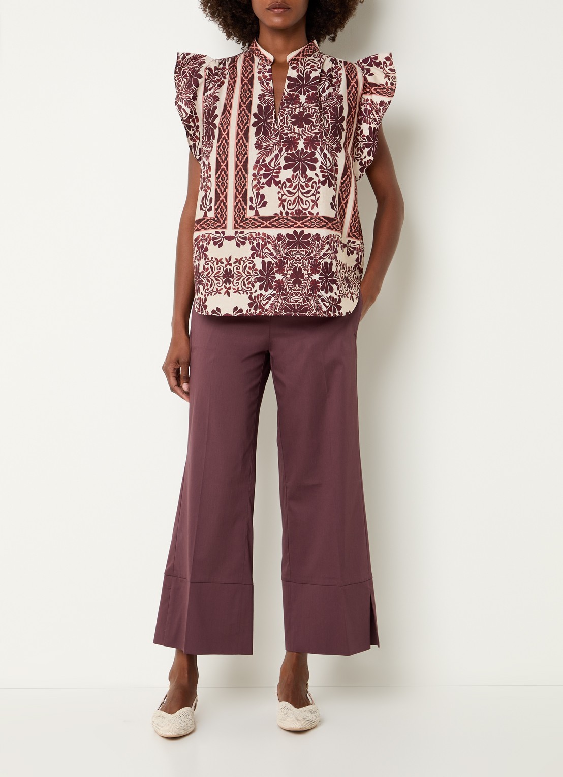 Summum High waist wide fit cropped pantalon met split - voorkant 2 aubergine