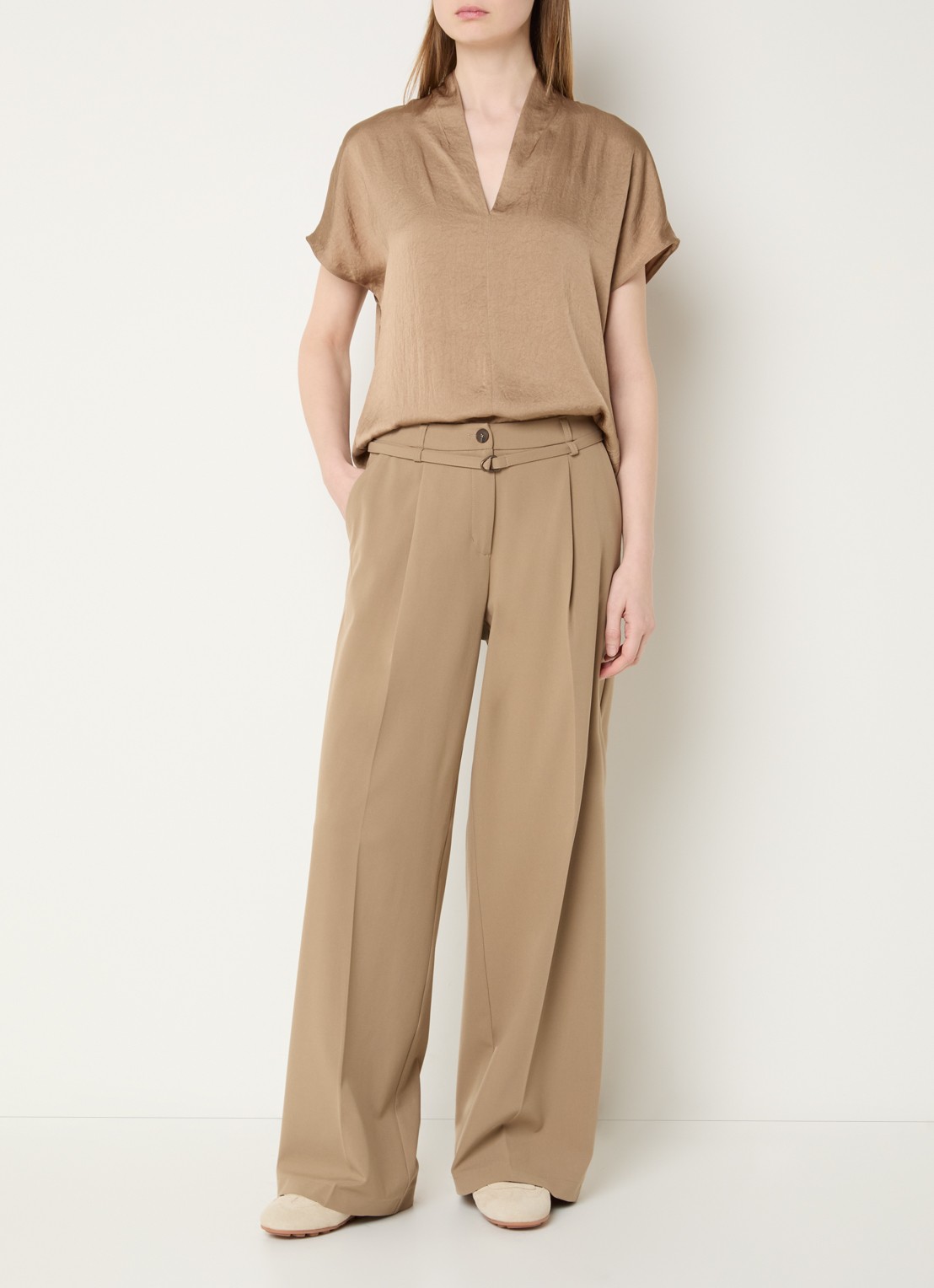 Summum High waist wide fit pantalon met ceintuur - voorkant 4 donkerbeige