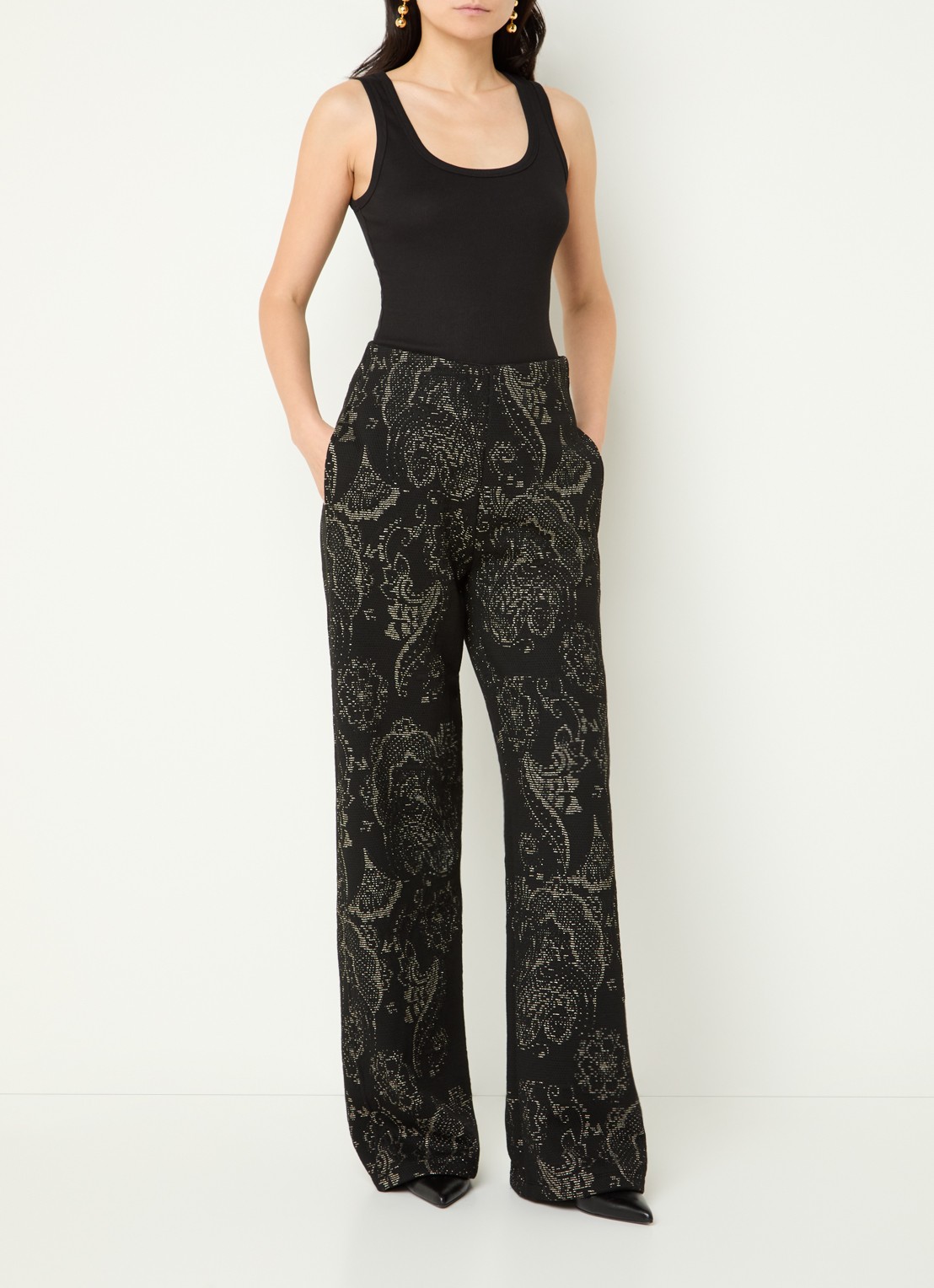 Summum High waist wide fit pantalon met jacquard dessin en lurex - voorkant 3 zwart