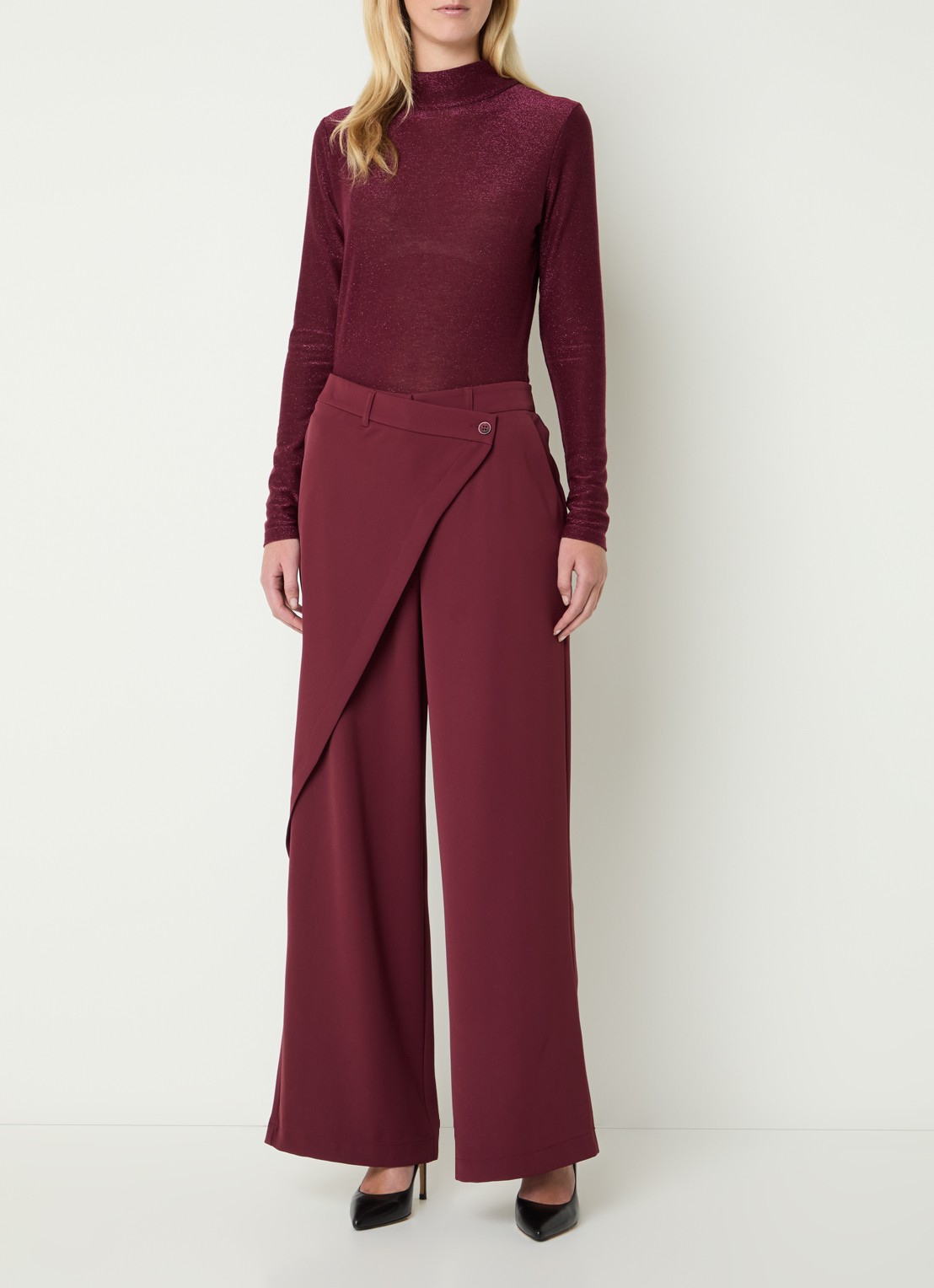 Summum High waist wide fit pantalon met overslag  - voorkant 4 bordeauxrood