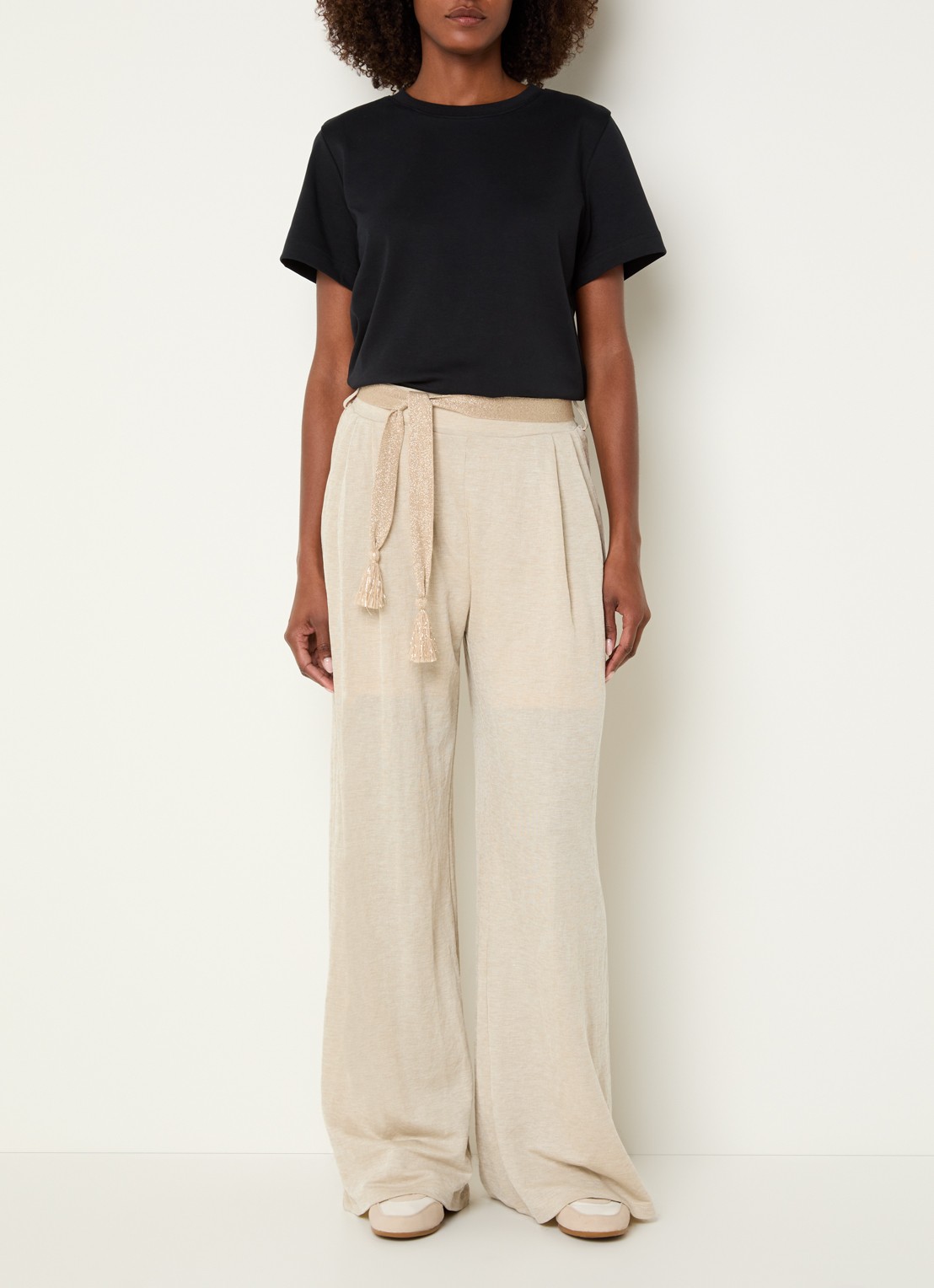 Summum High waist wide fit pantalon met strikceintuur - voorkant 4 beige