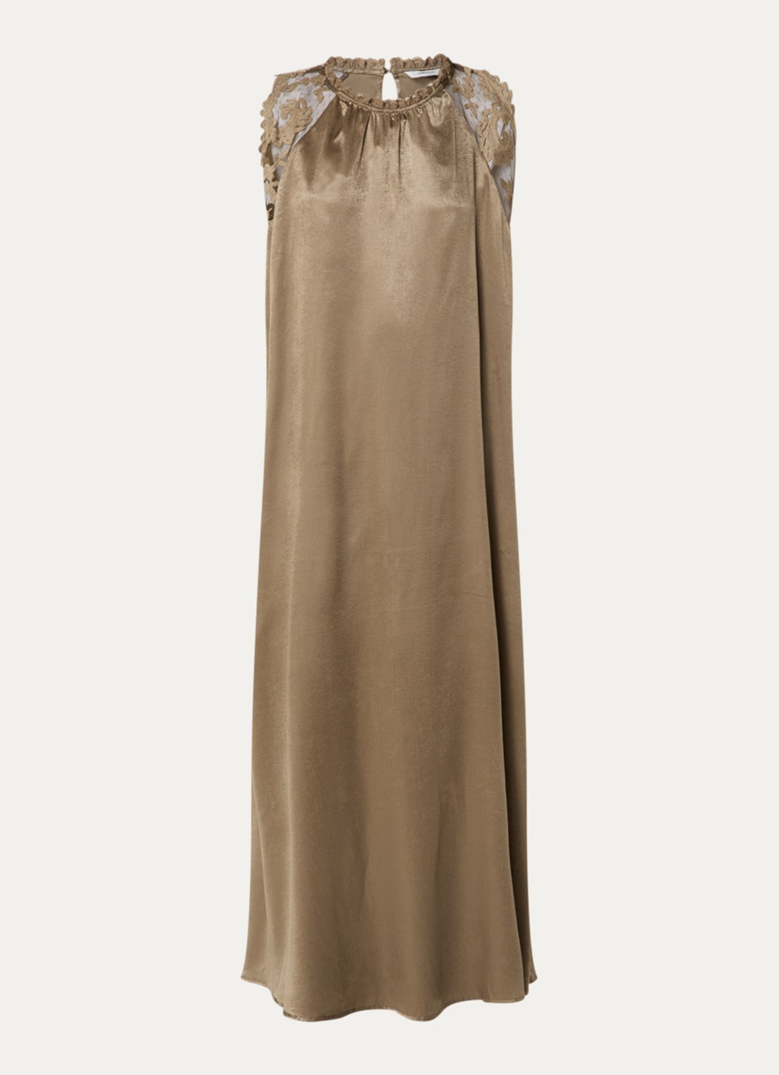 Summum Maxi jurk van satijn met broderie  - voorkant 2 zand