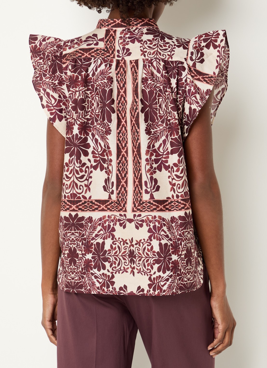 Summum Mouwloze tuniek met bloemenprint en volant - achterkant aubergine