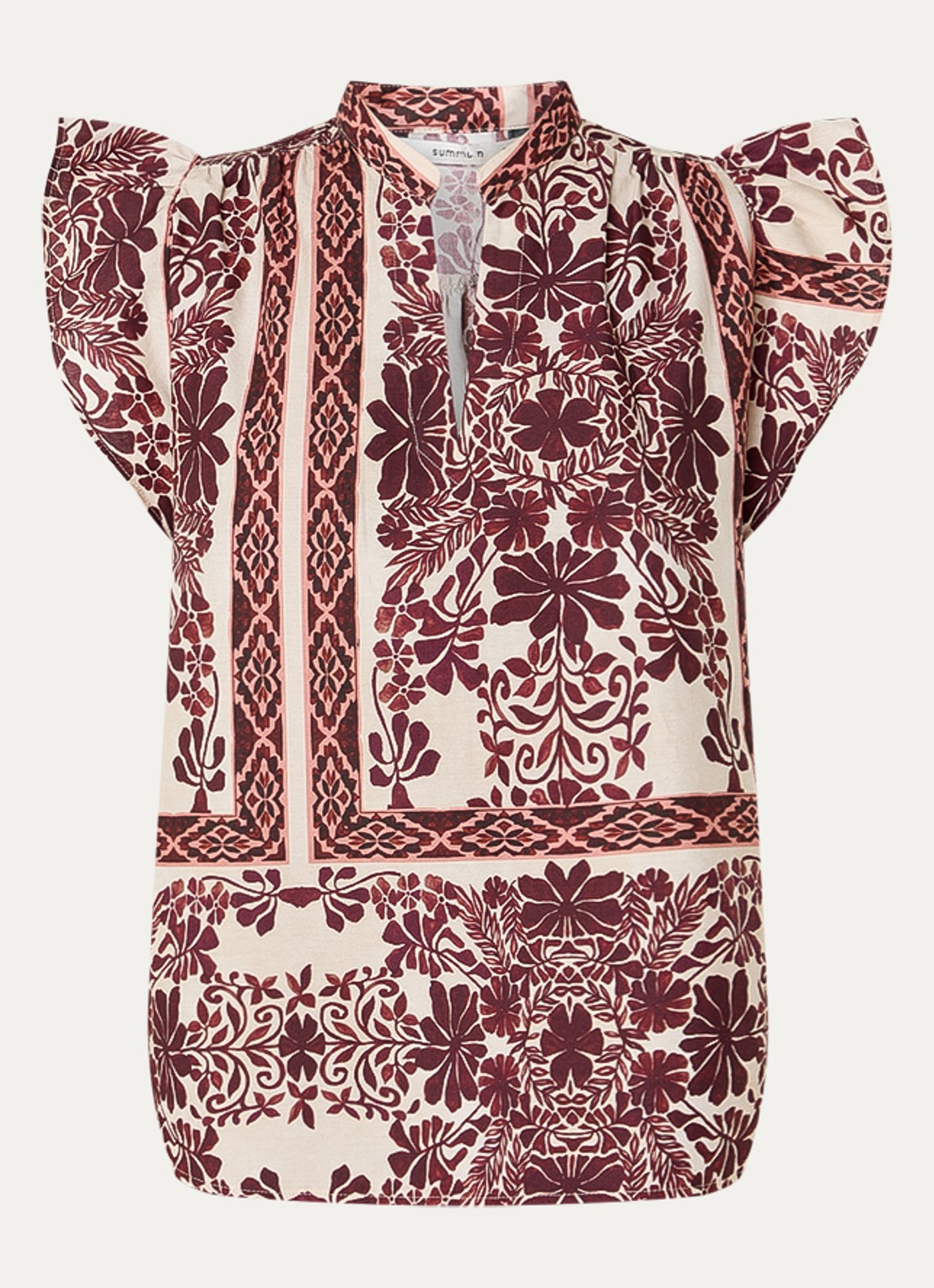 Summum Mouwloze tuniek met bloemenprint en volant - voorkant 3 aubergine