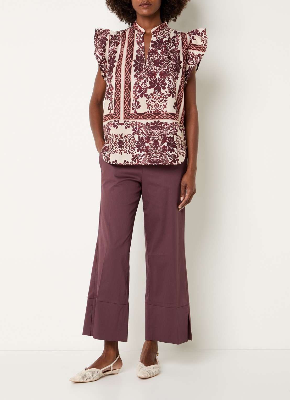 Summum Mouwloze tuniek met bloemenprint en volant - voorkant 4 aubergine