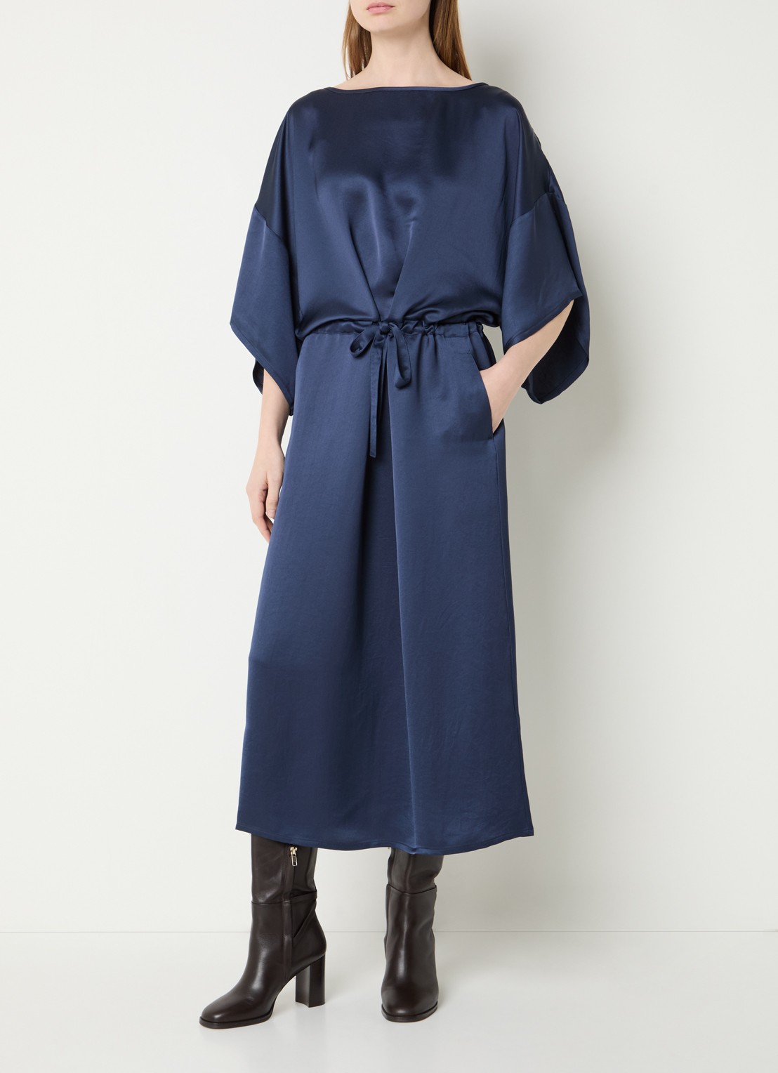 Summum Oversized midi tuniekjurk van satijn met ceintuur - detail 2 donkerblauw