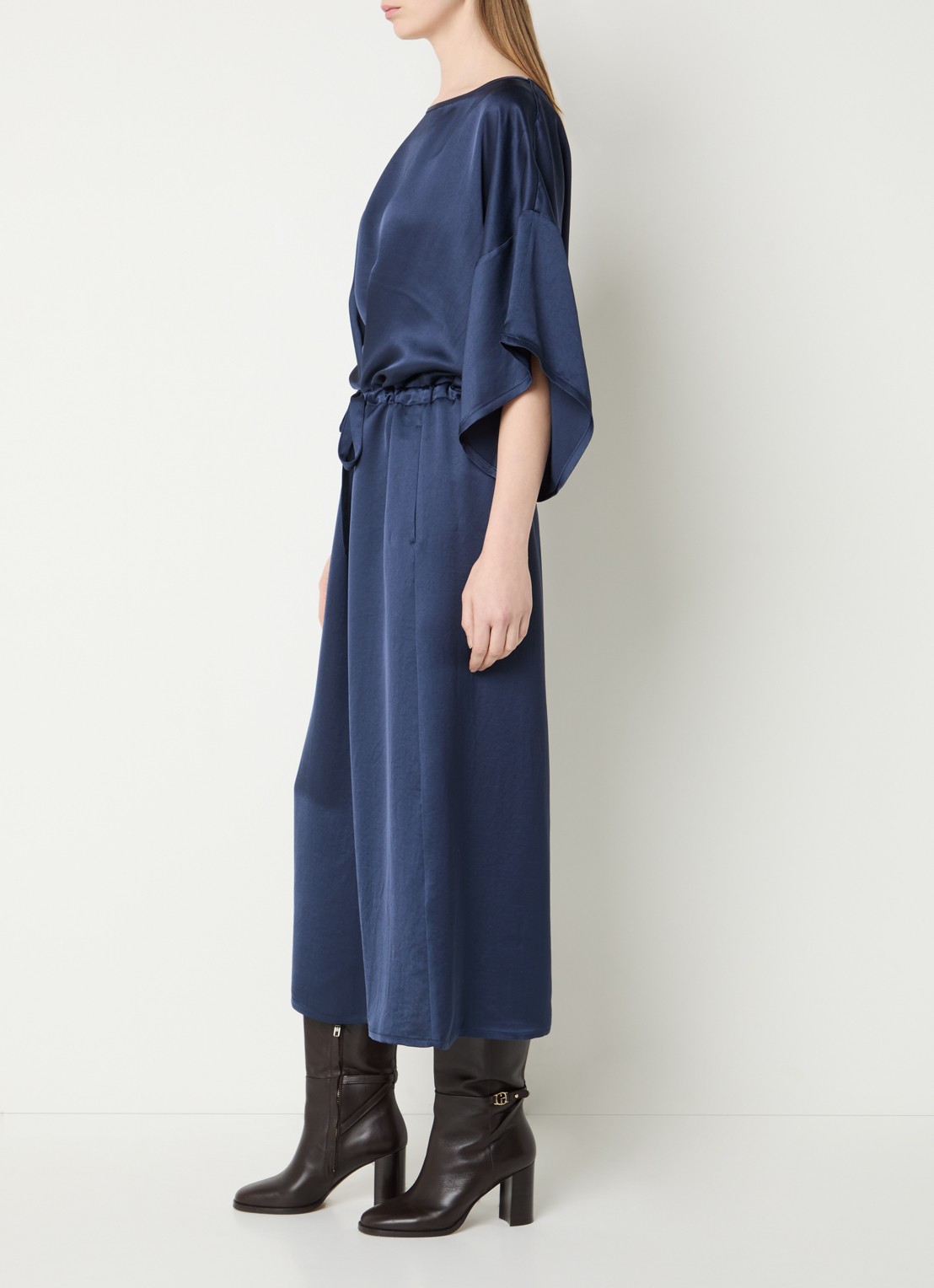 Summum Oversized midi tuniekjurk van satijn met ceintuur - voorkant 4 donkerblauw