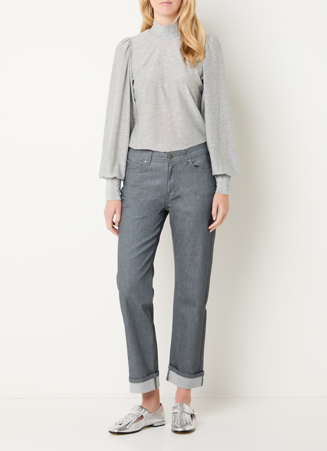 Summum Top met lurex en afneembare sjaalkraag - voorkant 3 lichtgrijs