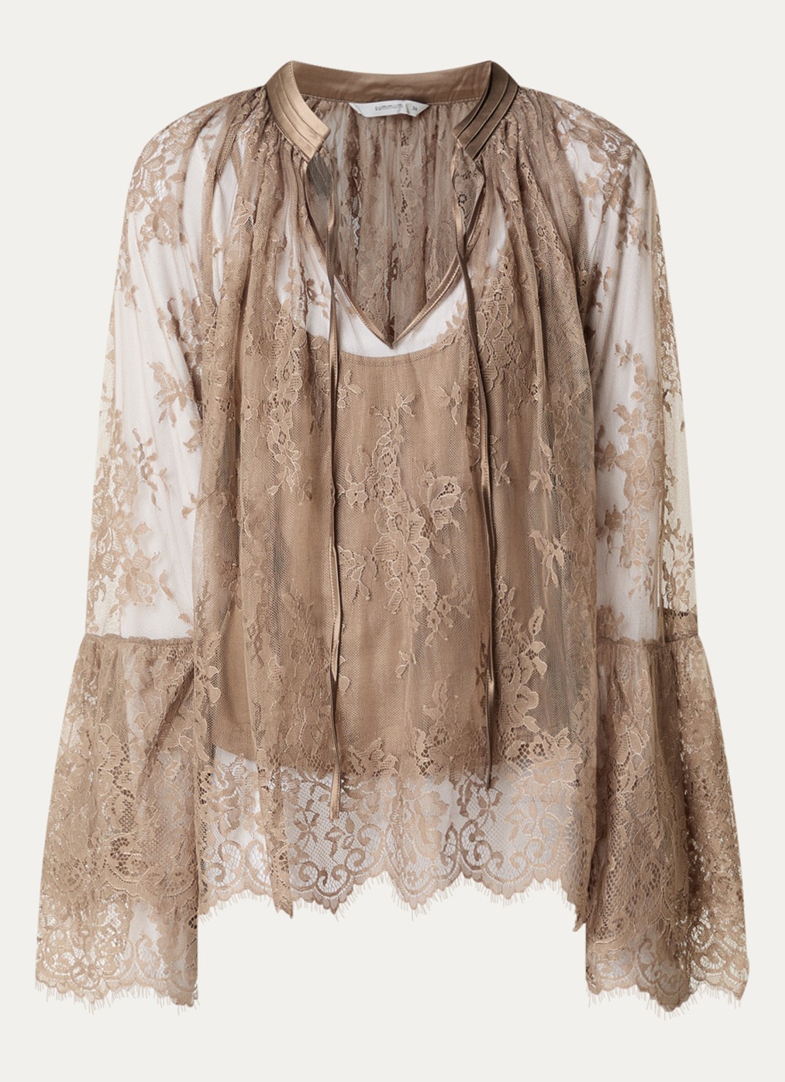 Summum Top van mesh met strikkraag - voorkant taupe