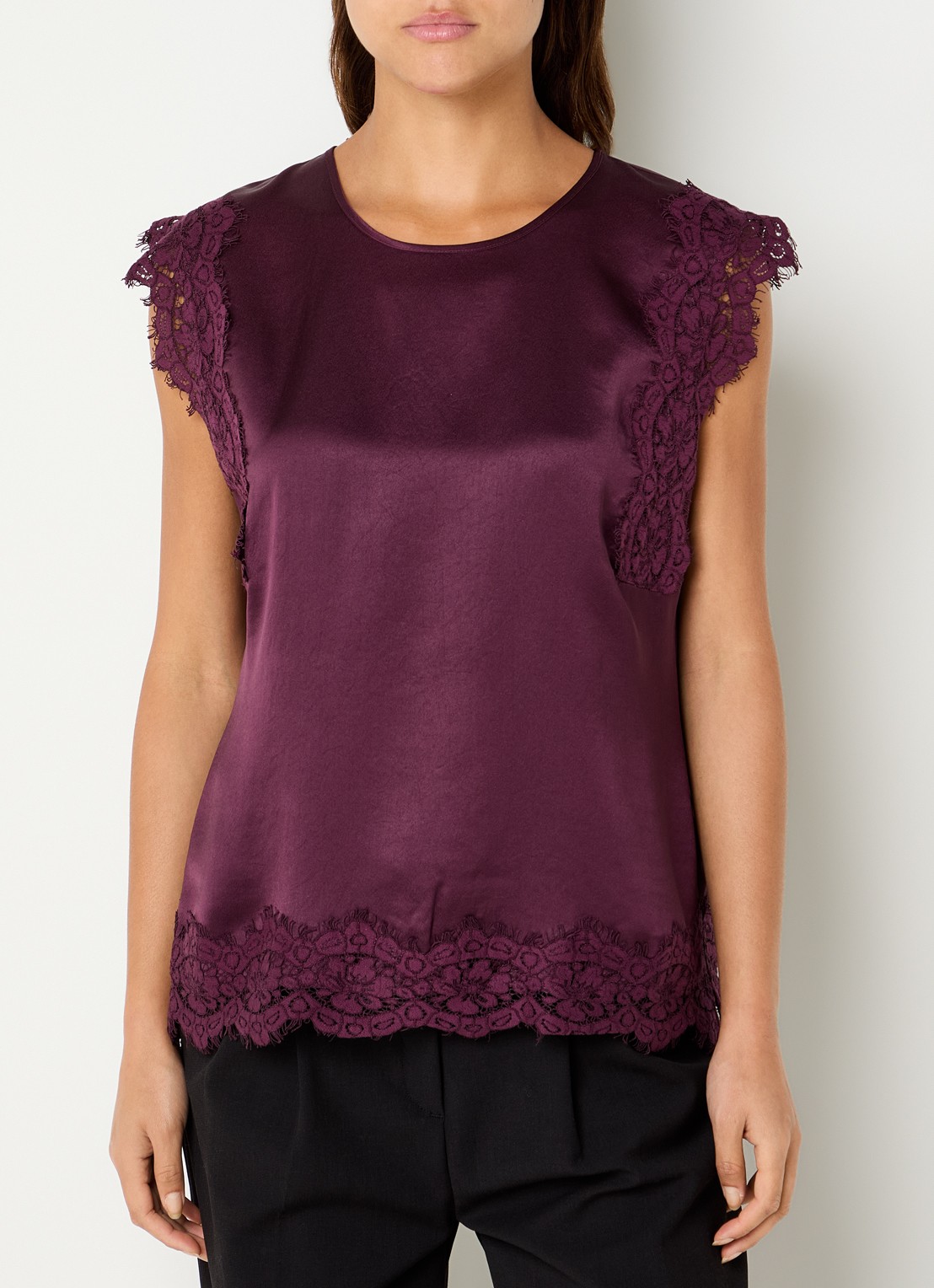 Summum Top van satijn met details van kant - detail aubergine