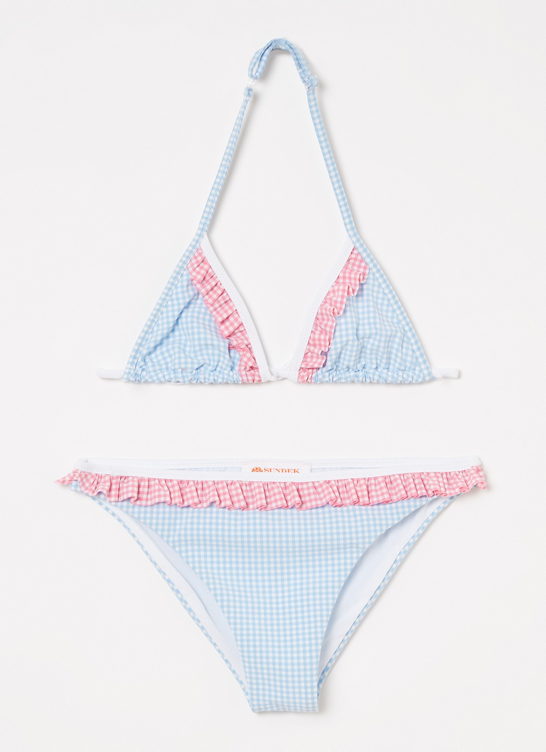 Sundek Bikini met ruitdessin en ruches - voorkant lichtblauw