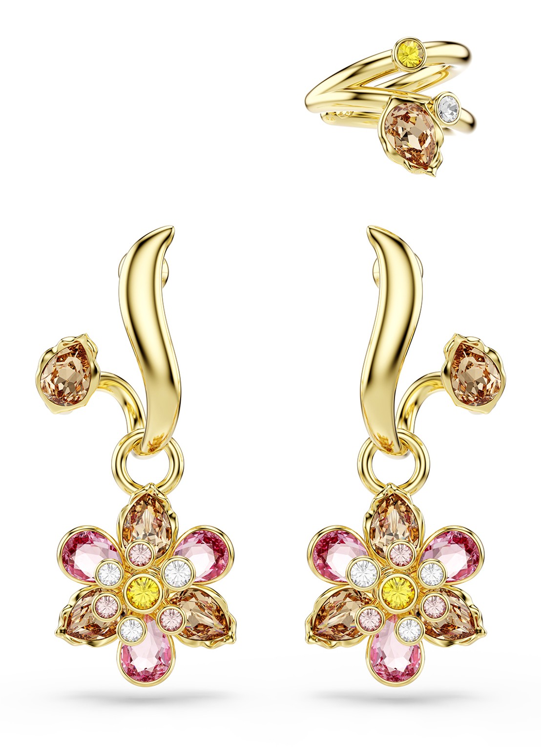 Swarovski Idyllia set van oorstekers en ear cuff met kristal - voorkant goud