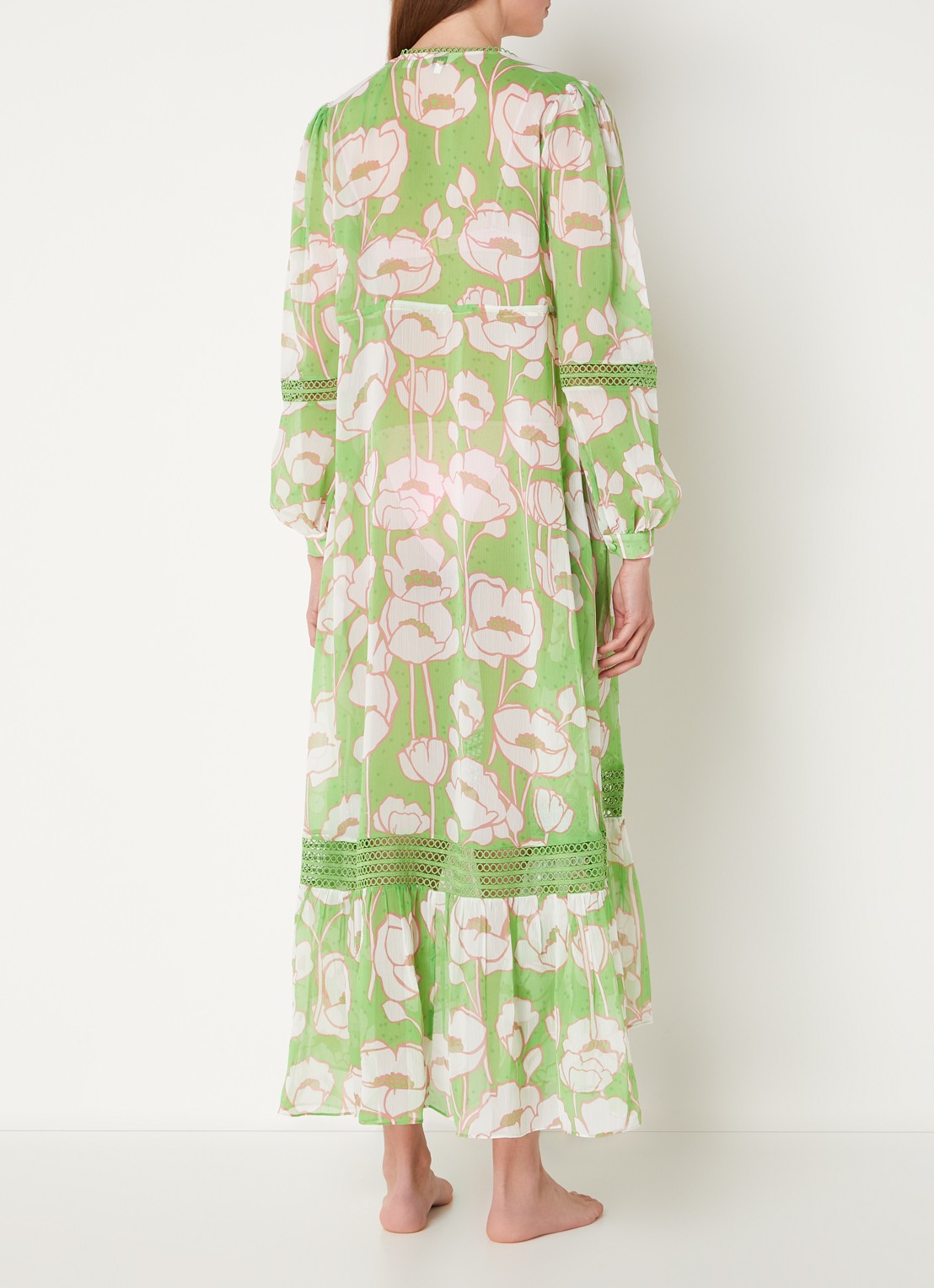 Ted Baker Elisiia maxi strandjurk met bloemenprint en opengewerkt dessin - achterkant 2 groen