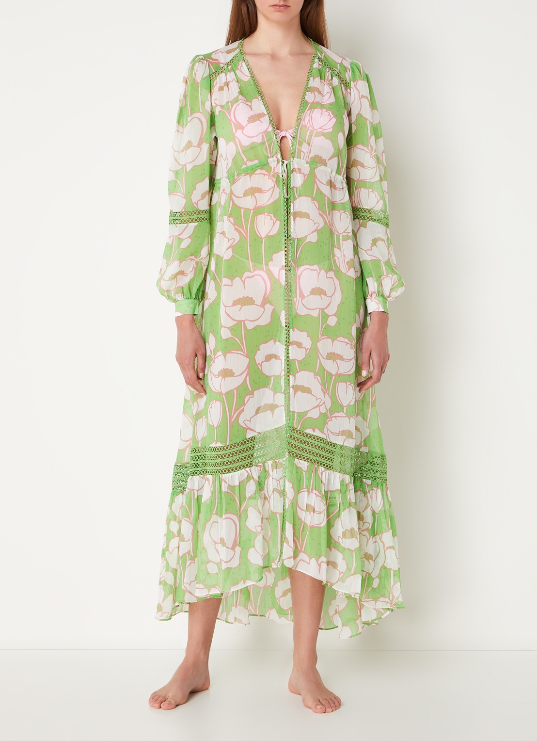 Ted Baker Elisiia maxi strandjurk met bloemenprint en opengewerkt dessin - detail groen