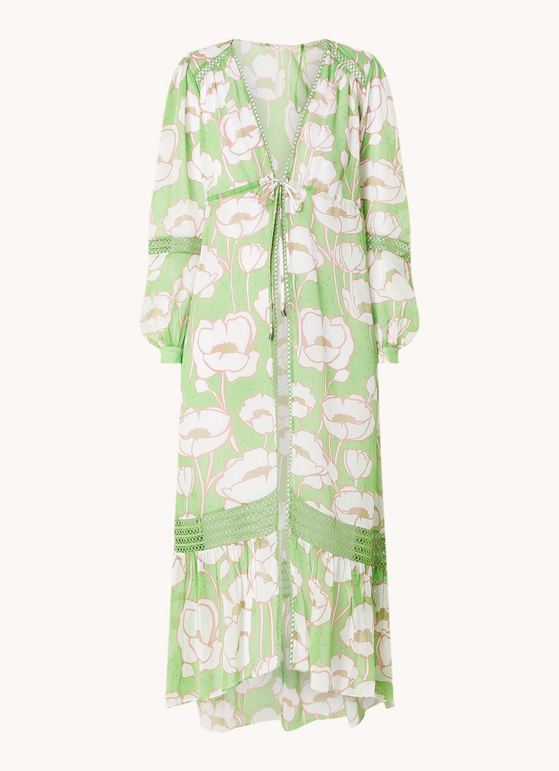 Ted Baker Elisiia maxi strandjurk met bloemenprint en opengewerkt dessin - voorkant 3 groen
