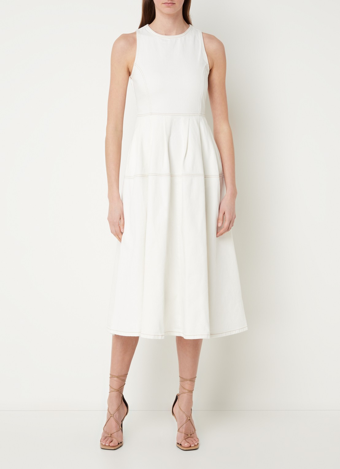 Ted Baker Erie mouwloze midi jurk van denim met steekzakken - detail ivoor