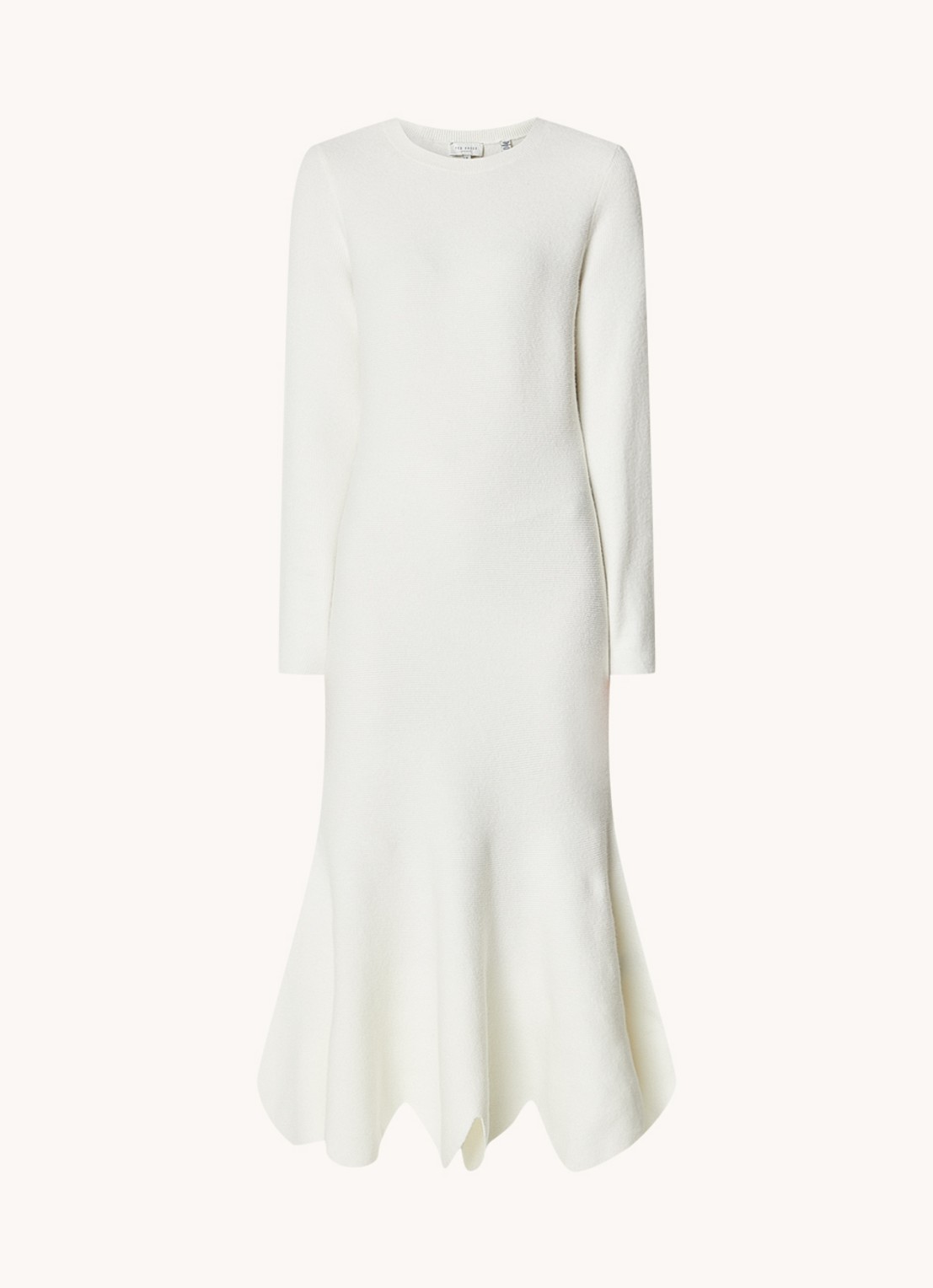 Ted Baker Jolaymay fijngebreide midi trui-jurk in wolblend met volant - voorkant gebroken wit