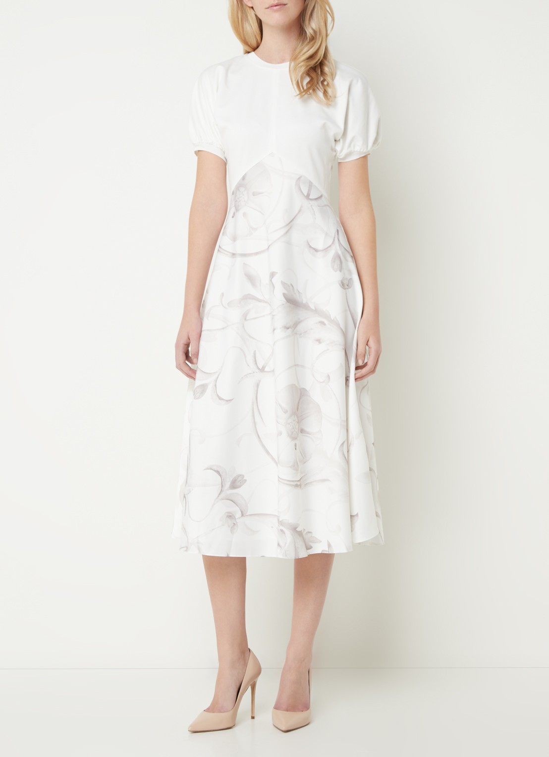 Ted Baker Magylee midi jurk met inzet van satijn en bloemenprint - detail 4 wit