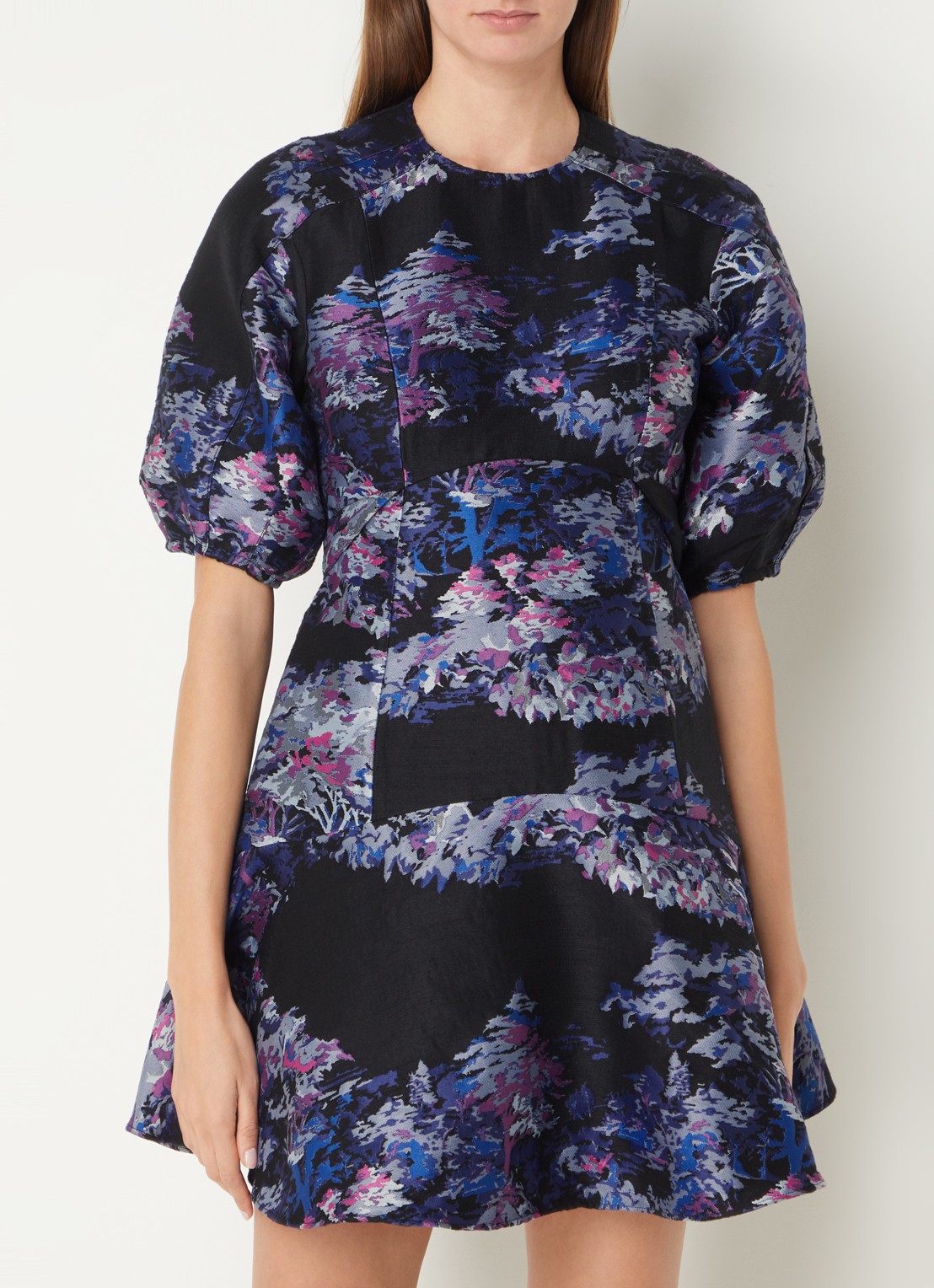 Ted Baker Midi A-lijn jurk met jacquard dessin en ballonmouw - detail zwart