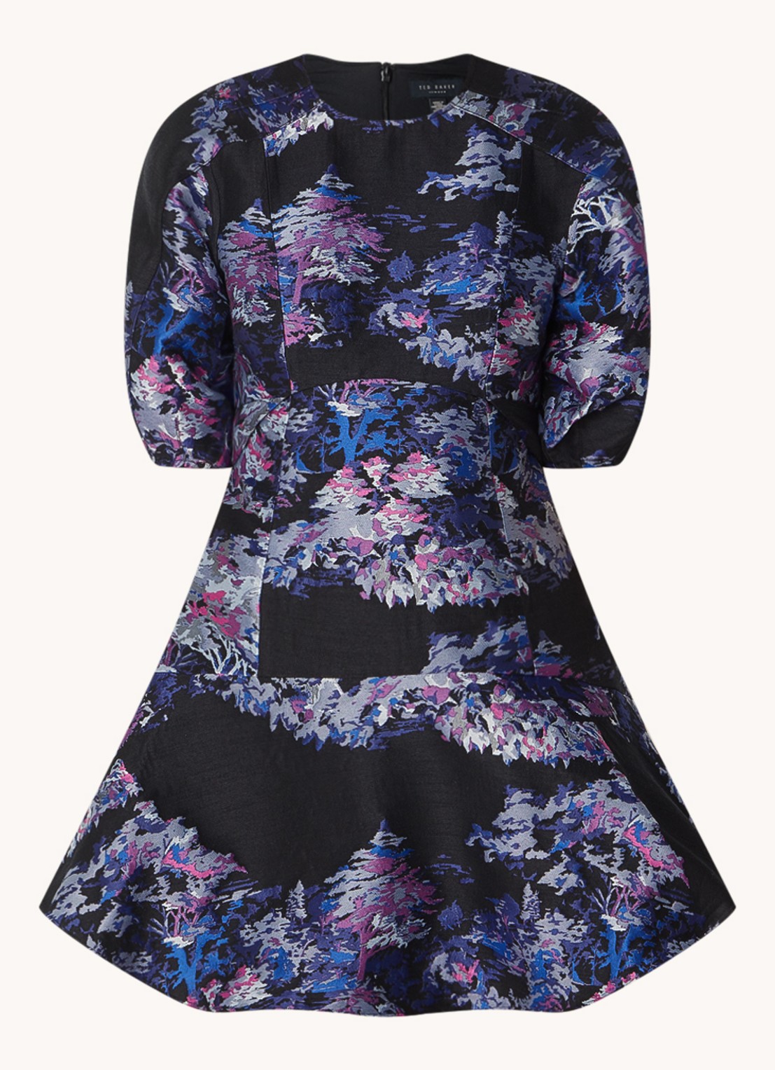 Ted Baker Midi A-lijn jurk met jacquard dessin en ballonmouw - voorkant 4 zwart