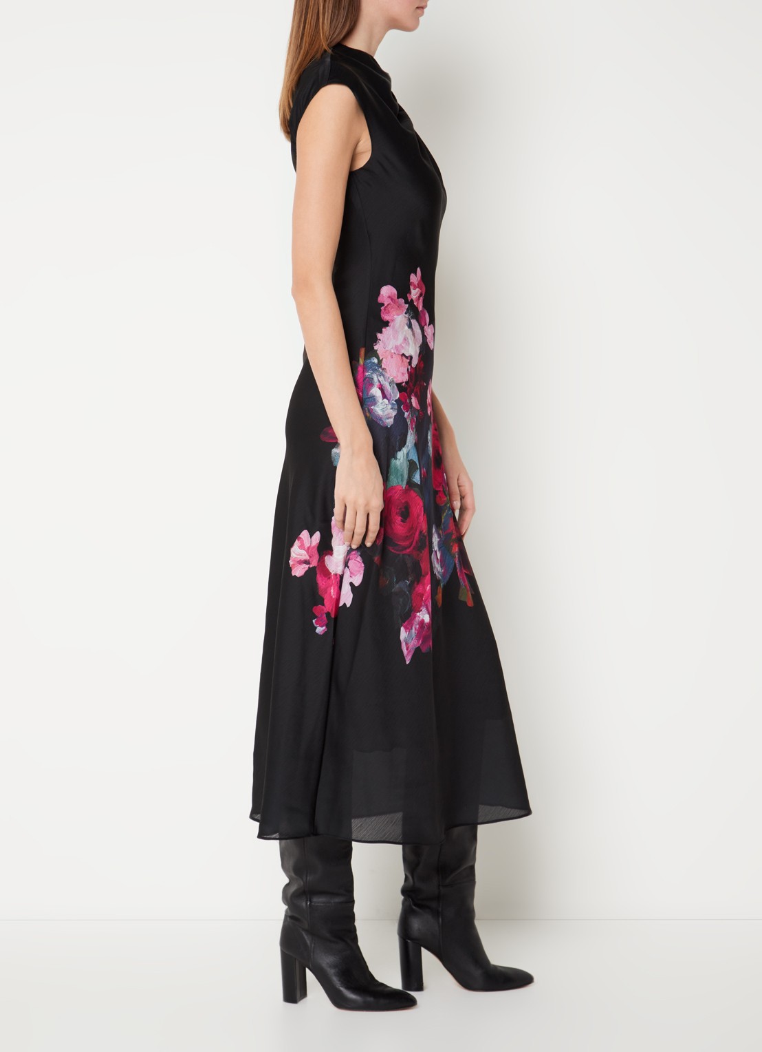 Ted Baker Rahelee mouwloze midi jurk van satijn met bloemenprint - voorkant 4 zwart