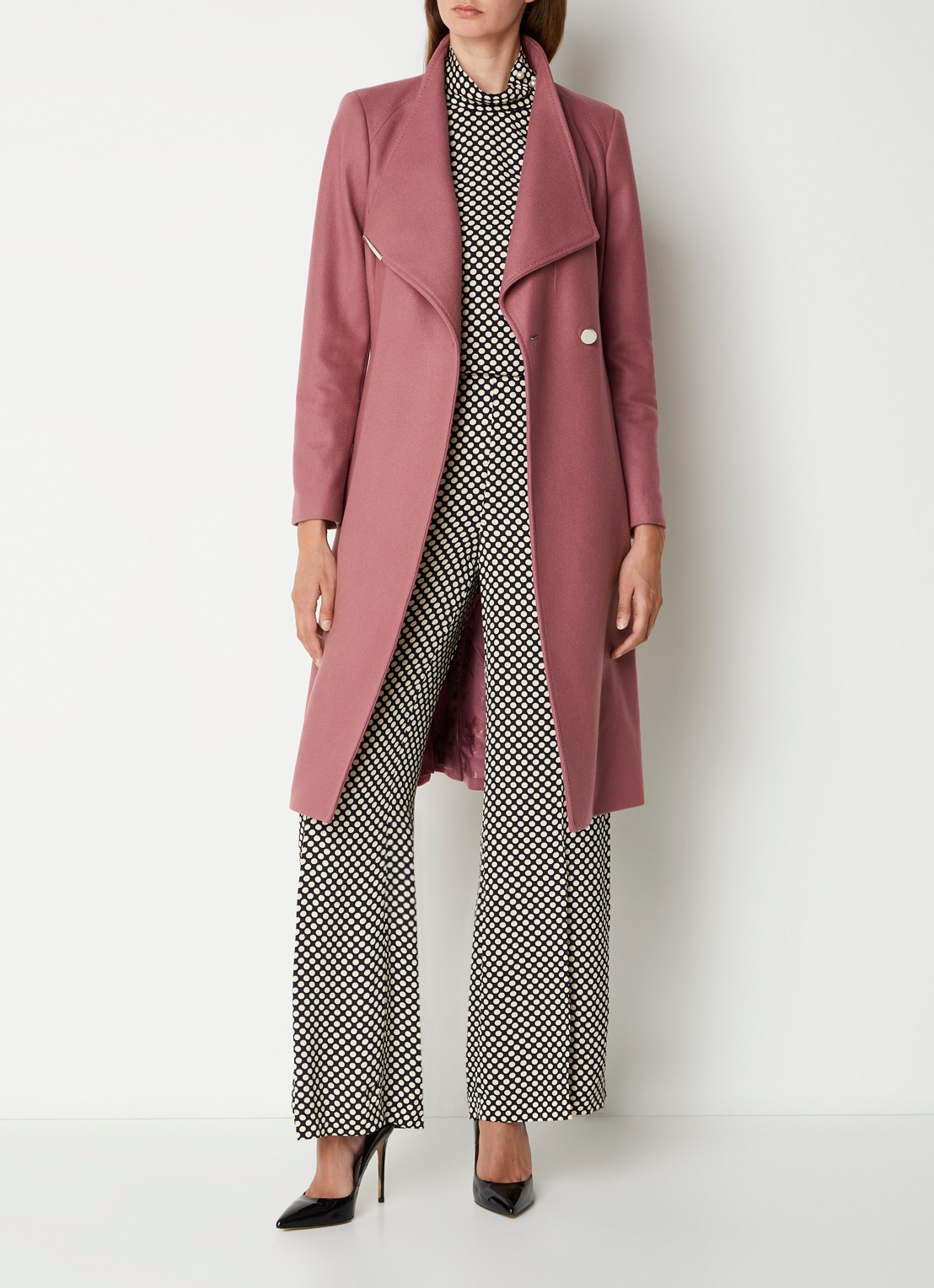 Ted Baker Rose mantel in wolblend met strikceintuur - voorkant 3 oudroze