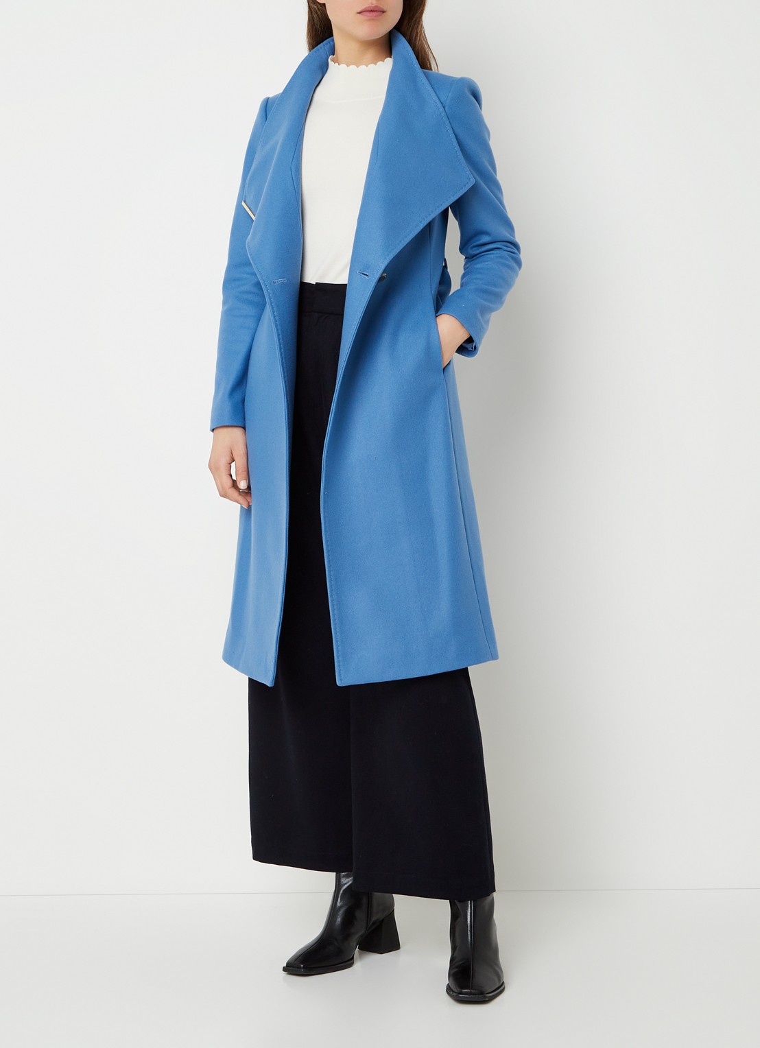 Ted Baker Rose mantel in wolblend met strikceintuur - voorkant 3 middenblauw