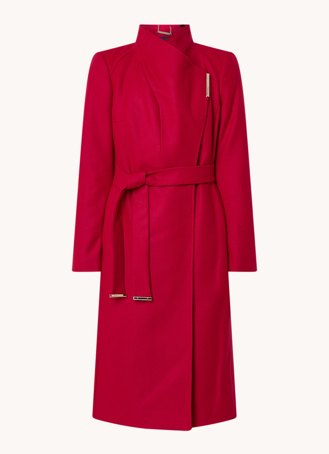 Ted Baker Rose mantel in wolblend met strikceintuur - voorkant 3 donkerroze