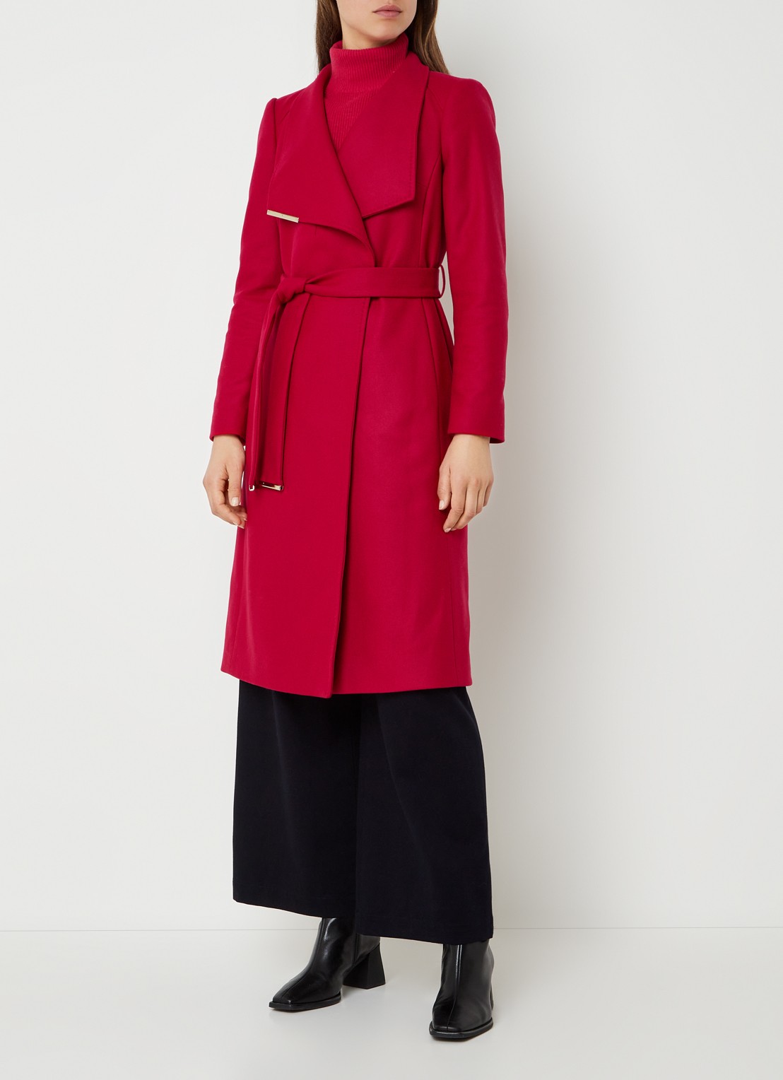 Ted Baker Rose mantel in wolblend met strikceintuur - voorkant 4 donkerroze