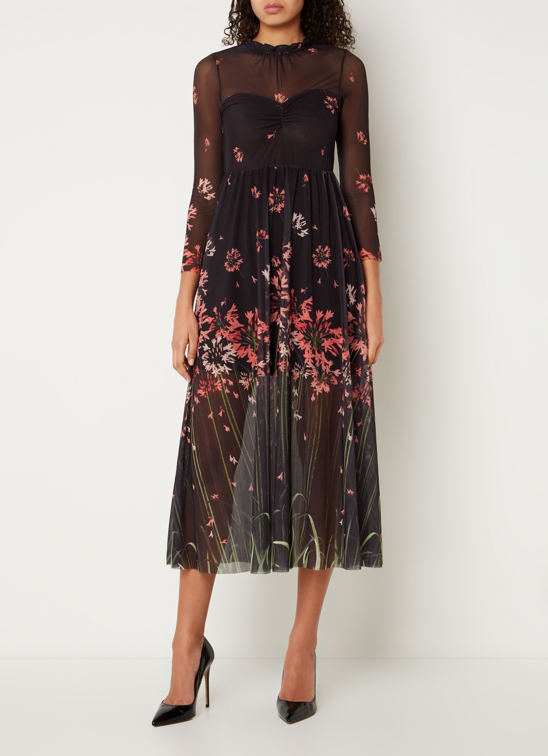 Ted Baker Susenaa midi jurk van mesh met bloemenprint - detail 2 zwart