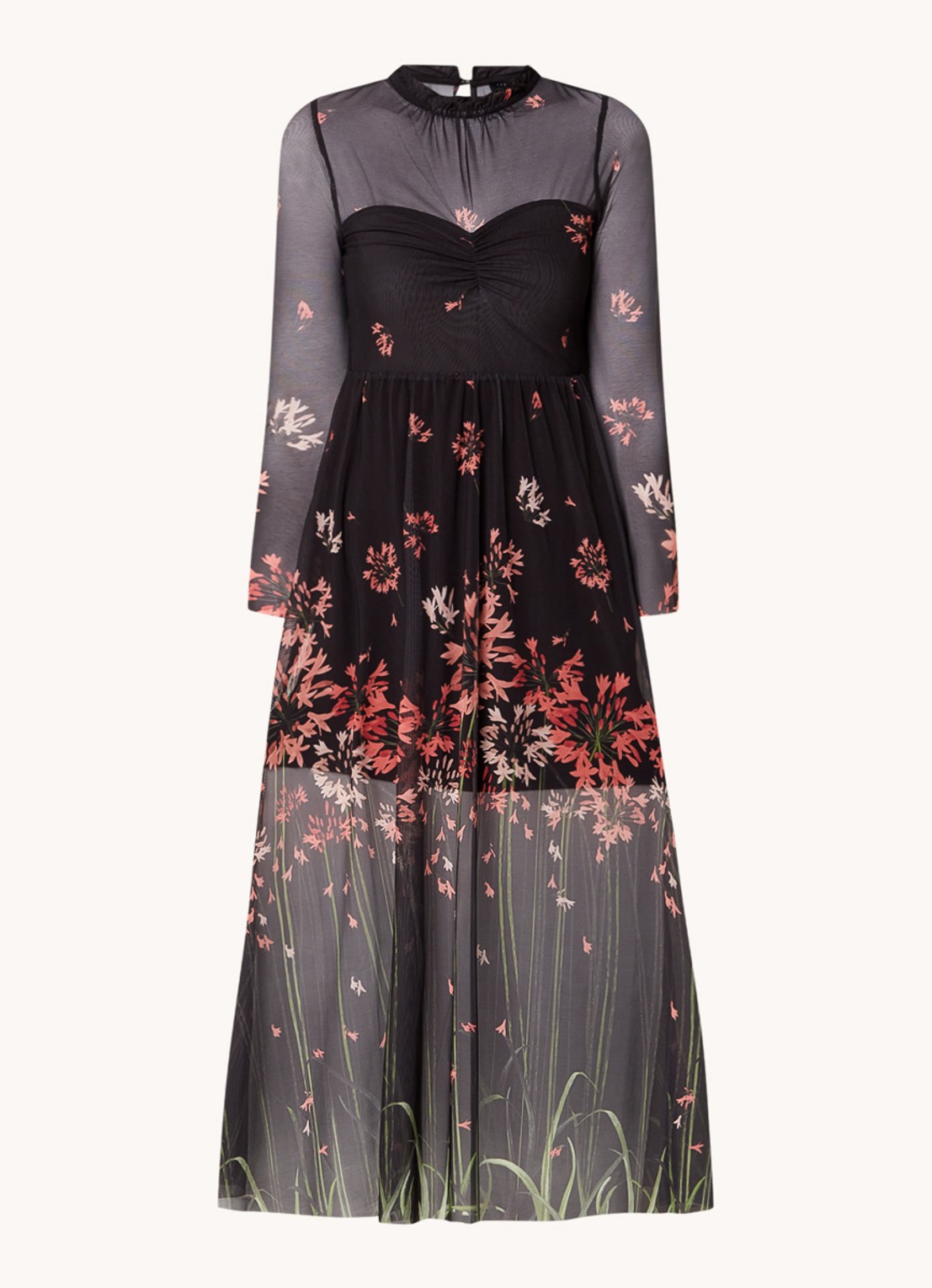 Ted Baker Susenaa midi jurk van mesh met bloemenprint - voorkant 3 zwart