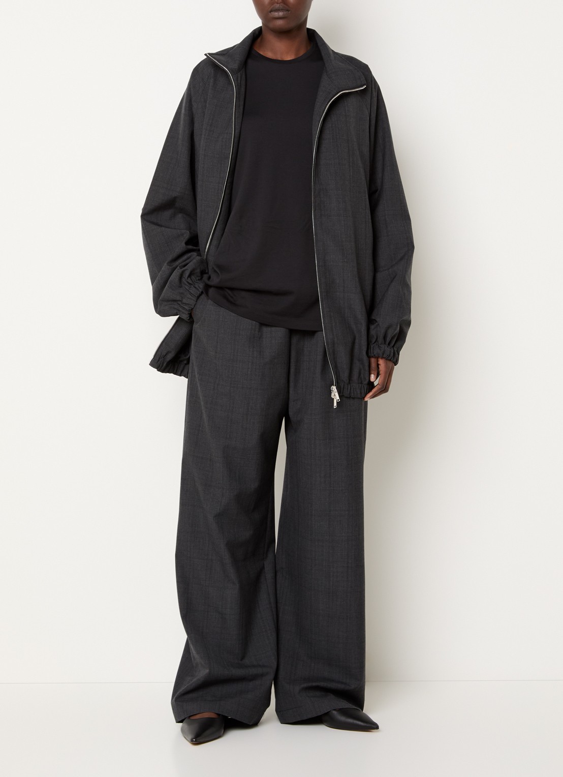 The Frankie Shop Baxter high waist wide fit pantalon in wolblend met ruitdessin - voorkant 3 antraciet
