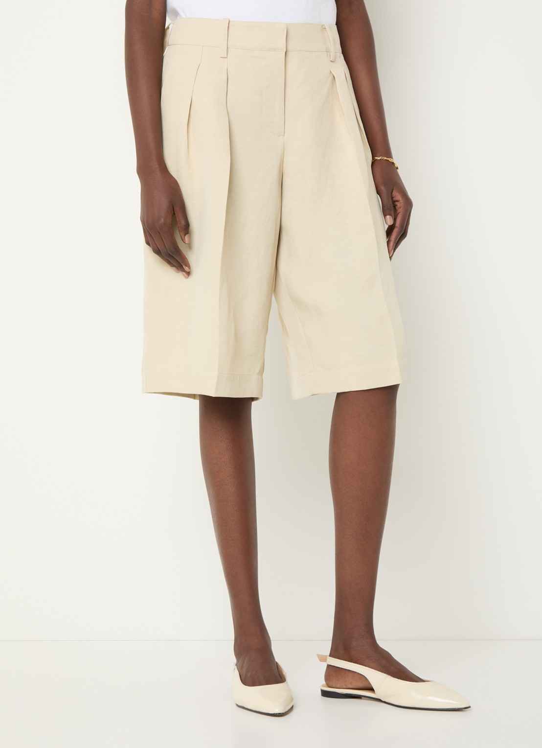 The Frankie Shop Bilbao high waist wide fit korte pantalon in linnenblend - detail 3 beige