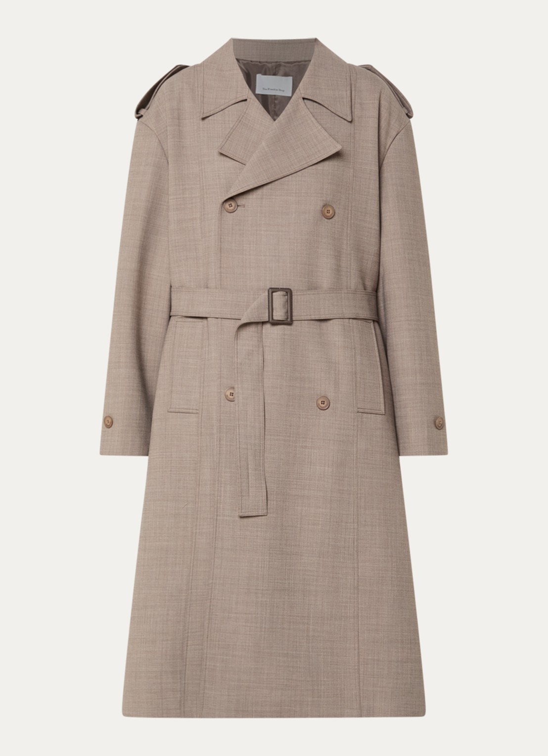 The Frankie Shop Bleecker double-breasted trenchcoat in scheerwolblend met ceintuur - voorkant 2 zand