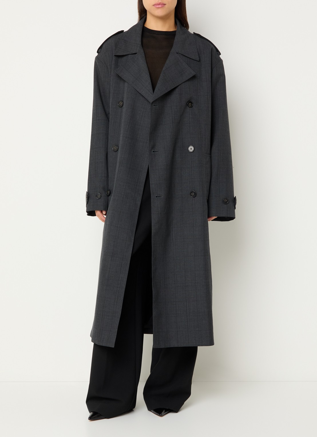 The Frankie Shop Bleecker double-breasted trenchcoat in wolblend met steekzakken - voorkant 4 donkergrijs