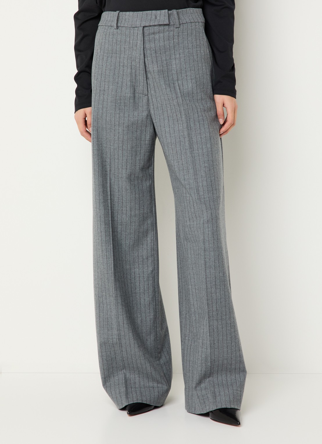 The Frankie Shop Brickell high waist wide fit pantalon van scheerwol met krijtstreep - detail 2 grijs
