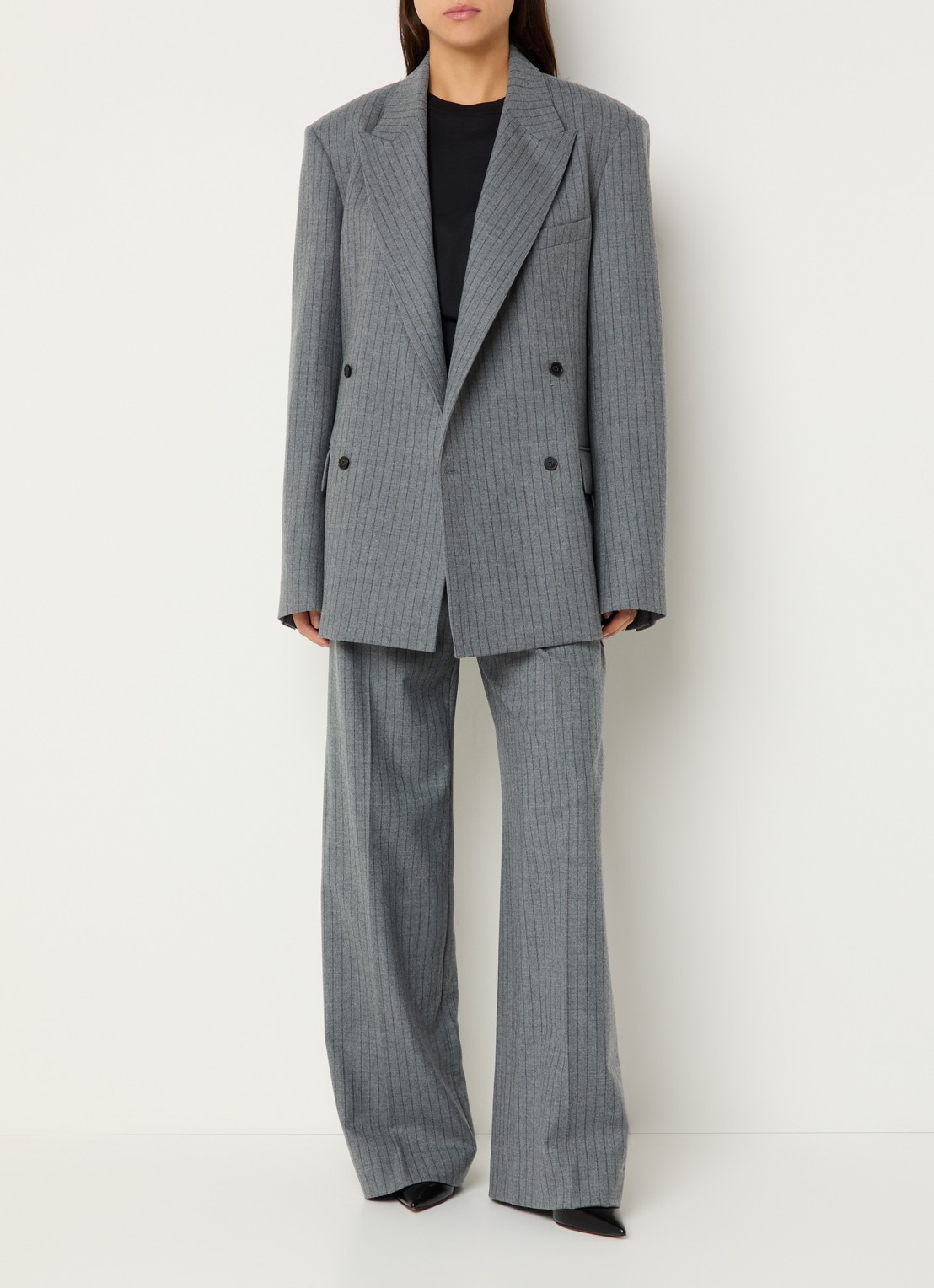 The Frankie Shop Brickell high waist wide fit pantalon van scheerwol met krijtstreep - voorkant 4 grijs