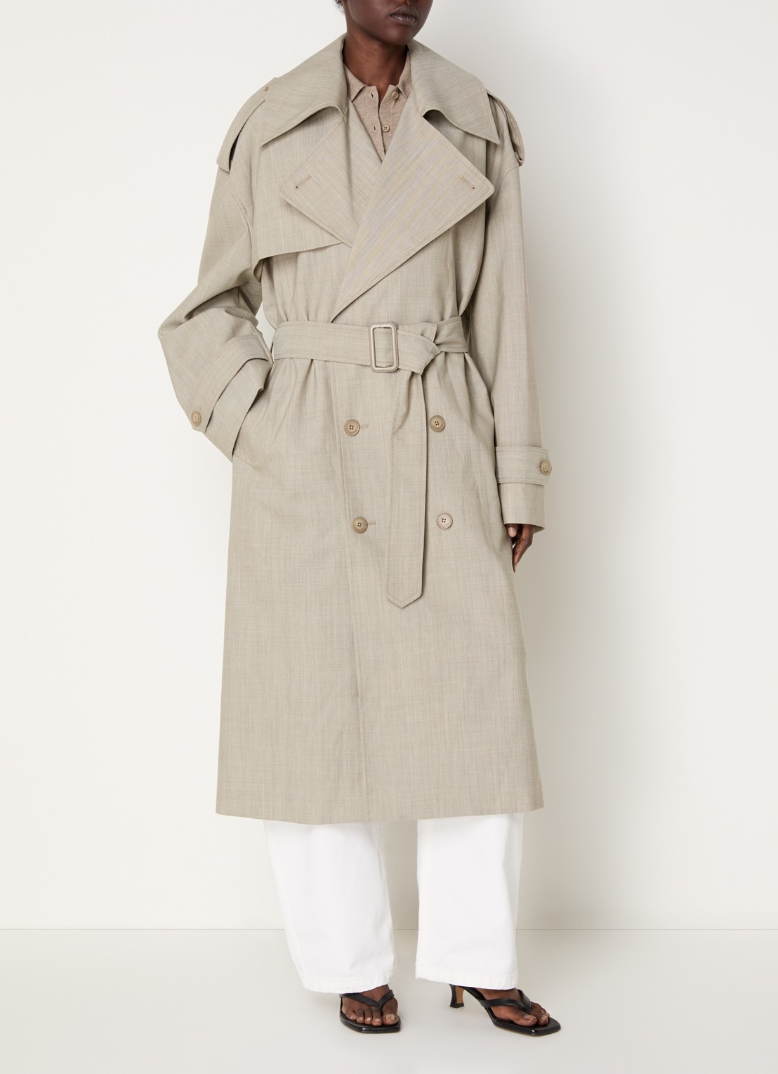 The Frankie Shop Dursely double-breasted trenchcoat van wol met ceintuur en steekzakken - detail 4 beige