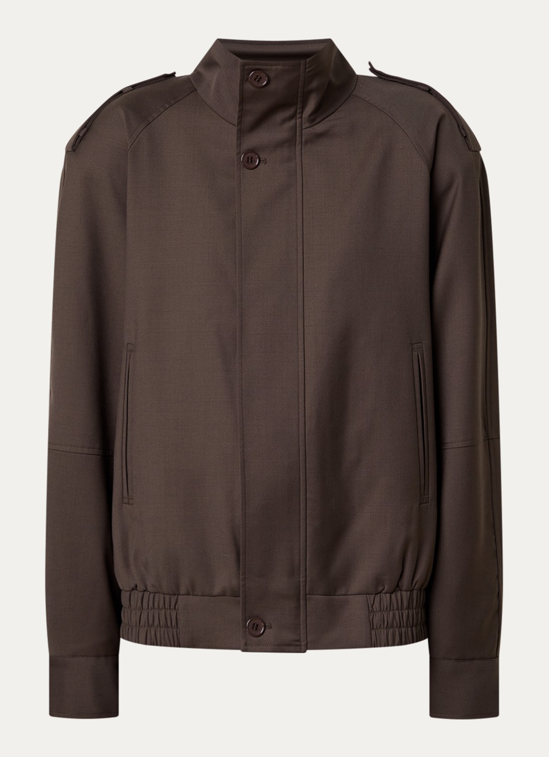 The Frankie Shop Kelly bomberjack in wolblend met schoudervulling en opstaande kraag - voorkant donkerbruin